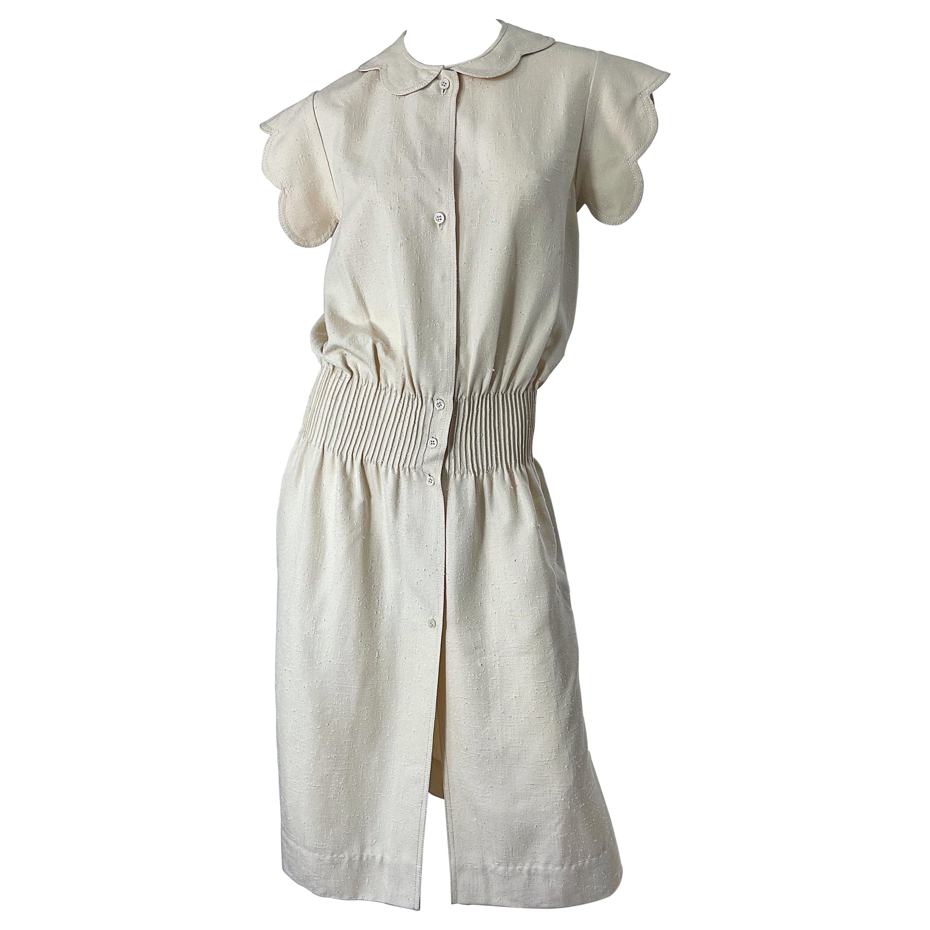 1960s Galanos Ivory Off - White Linen Avant Garde Vintage 60s Mod Cream Dress For Sale