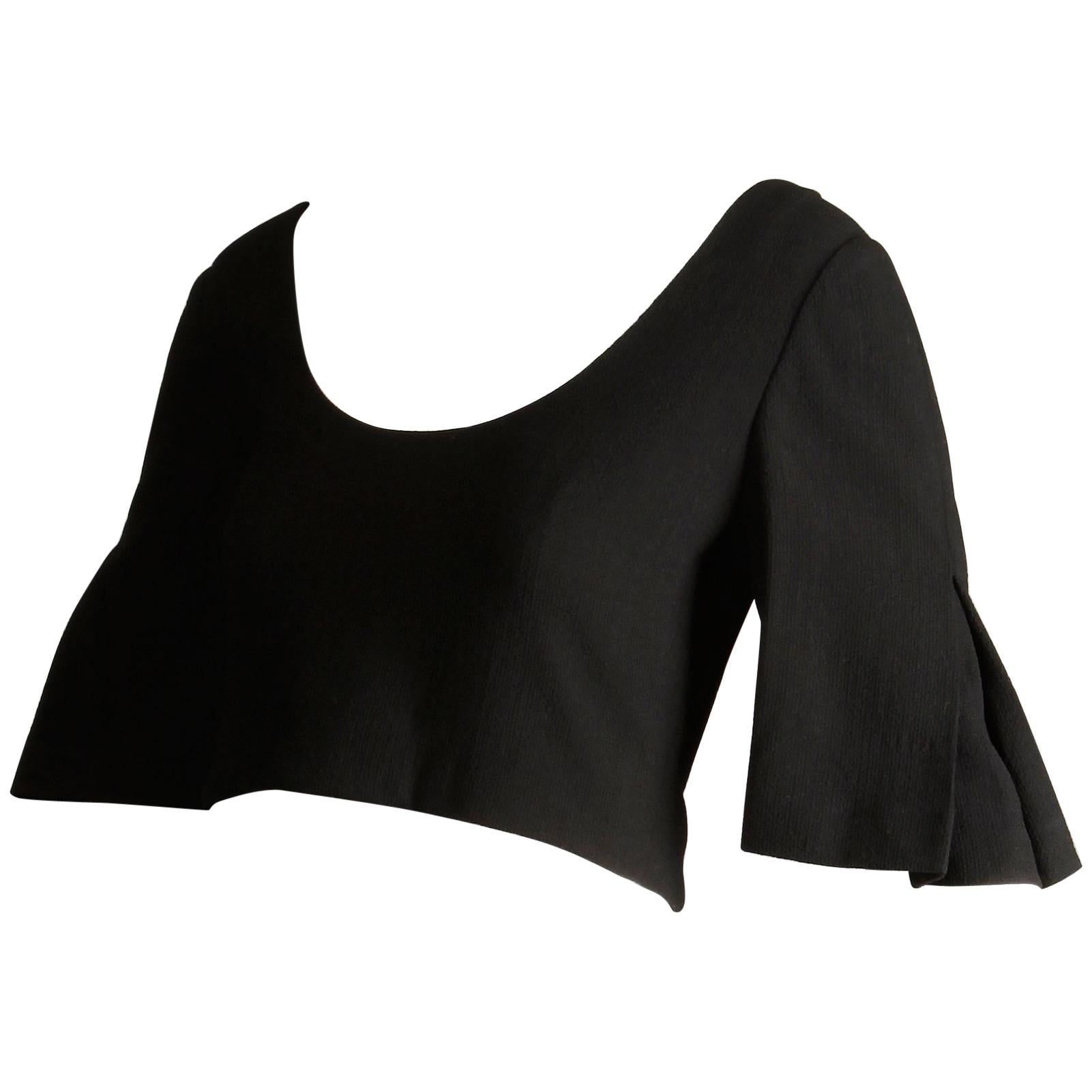 1960s Galanos Vintage Black Cropped Top/ Shirt/ Blouse with 3/4 Bell Sleeves