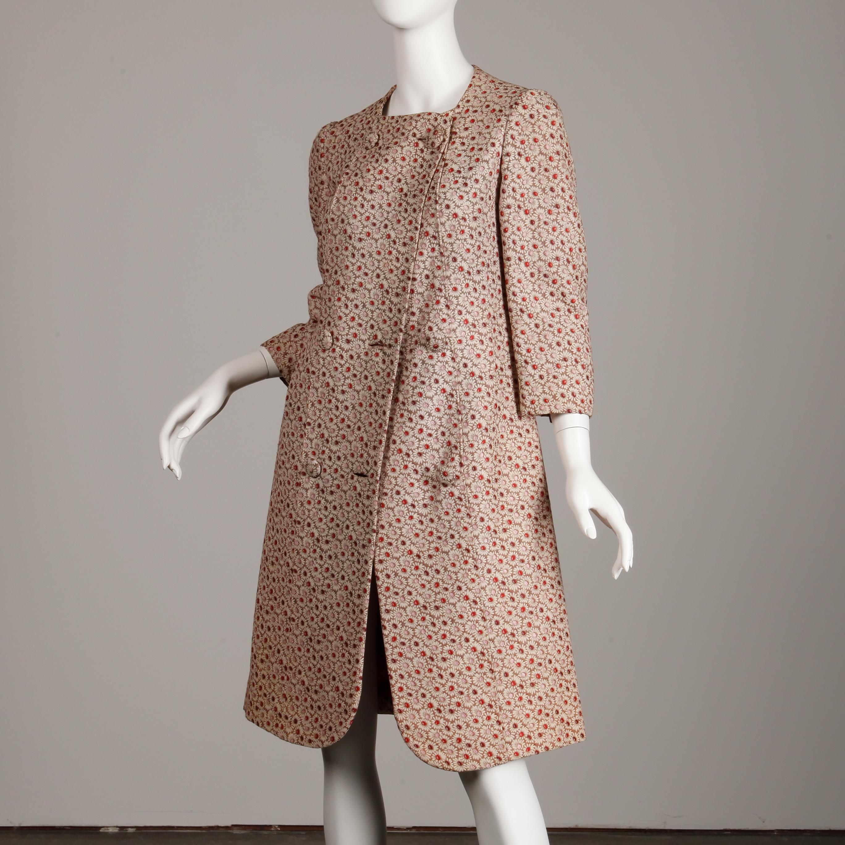 Brown 1960s Galanos Vintage Floral Print Mod Coat with Cropped Sleeves + Red Lining For Sale
