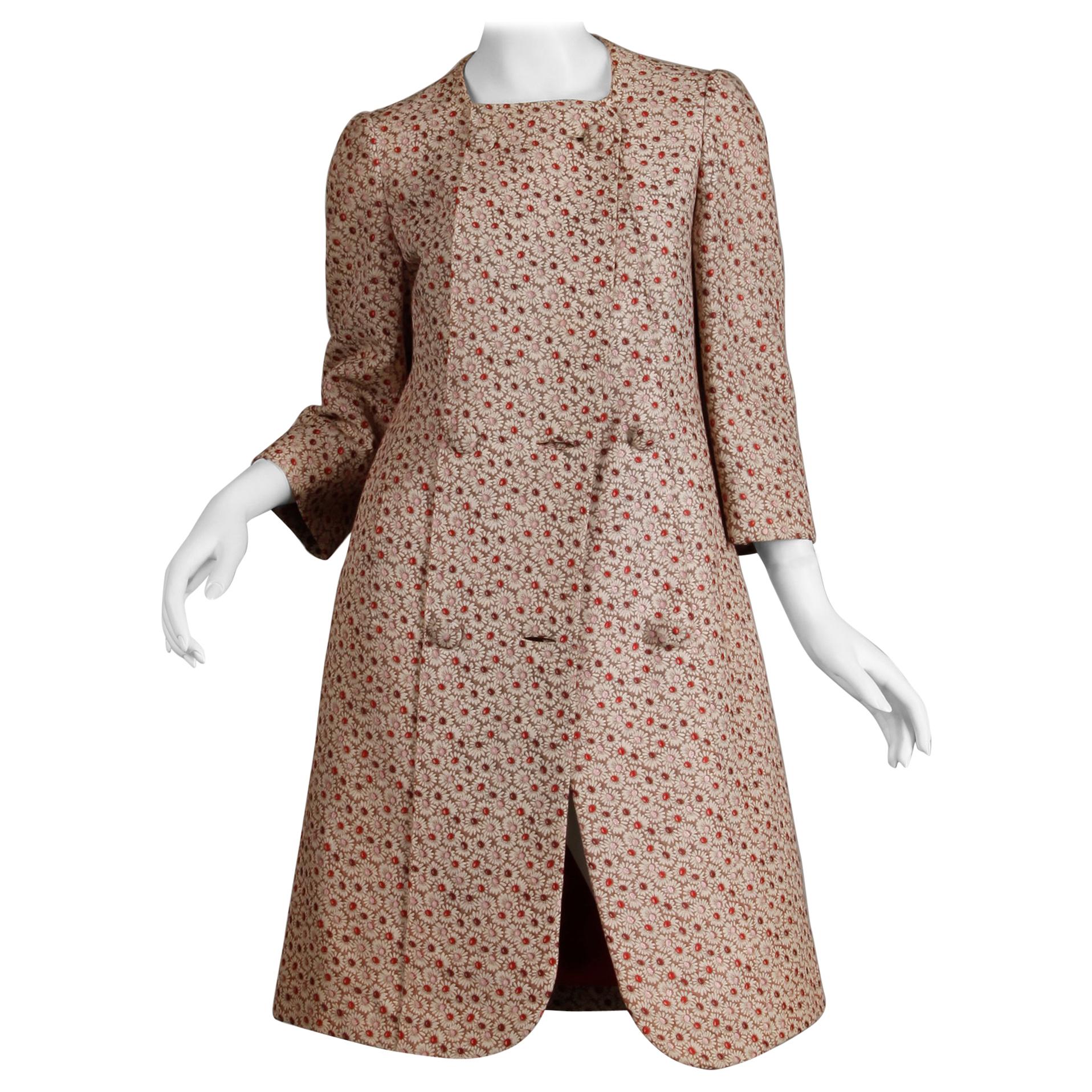 1960s Galanos Vintage Floral Print Mod Coat with Cropped Sleeves + Red Lining