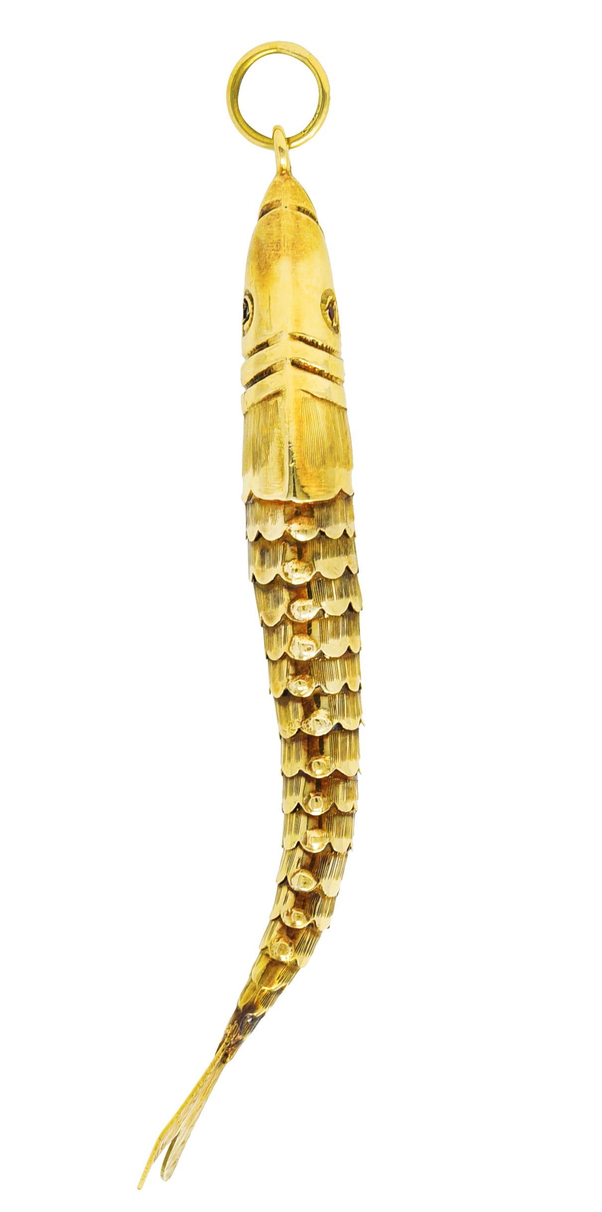 Women's or Men's 1960's Garnet 14 Karat Yellow Gold Articulated Vintage Fish Pendant