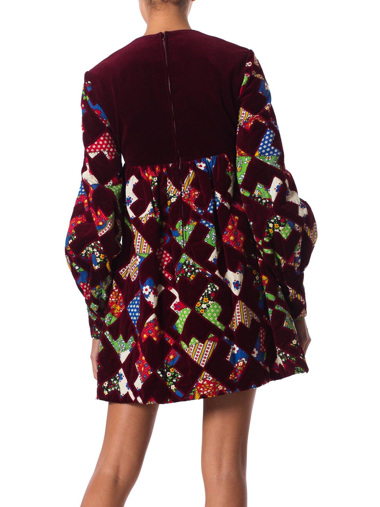 Women's 1960S GAYLE KIRKPATRICK Cotton Velvet Patchwork Mini Dress With Sleeves