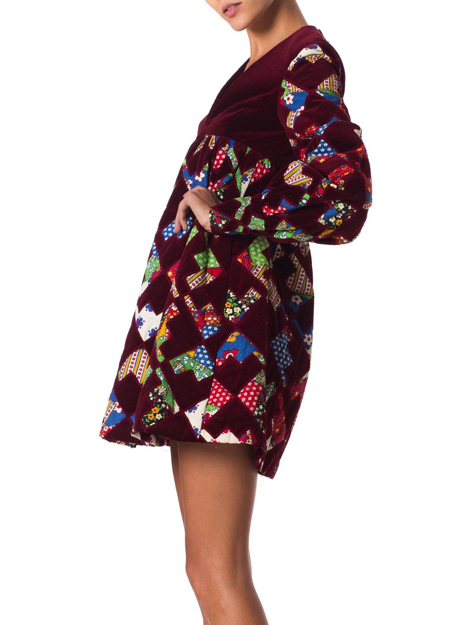 1960S GAYLE KIRKPATRICK Cotton Velvet Patchwork Mini Dress With Sleeves 2