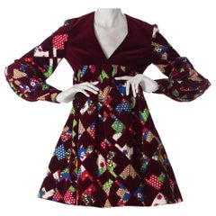 1960S GAYLE KIRKPATRICK Cotton Velvet Patchwork Mini Dress With Sleeves