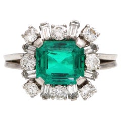 1960s GCS Certified Colombian Emerald with None/Significant Oil Cluster Ring