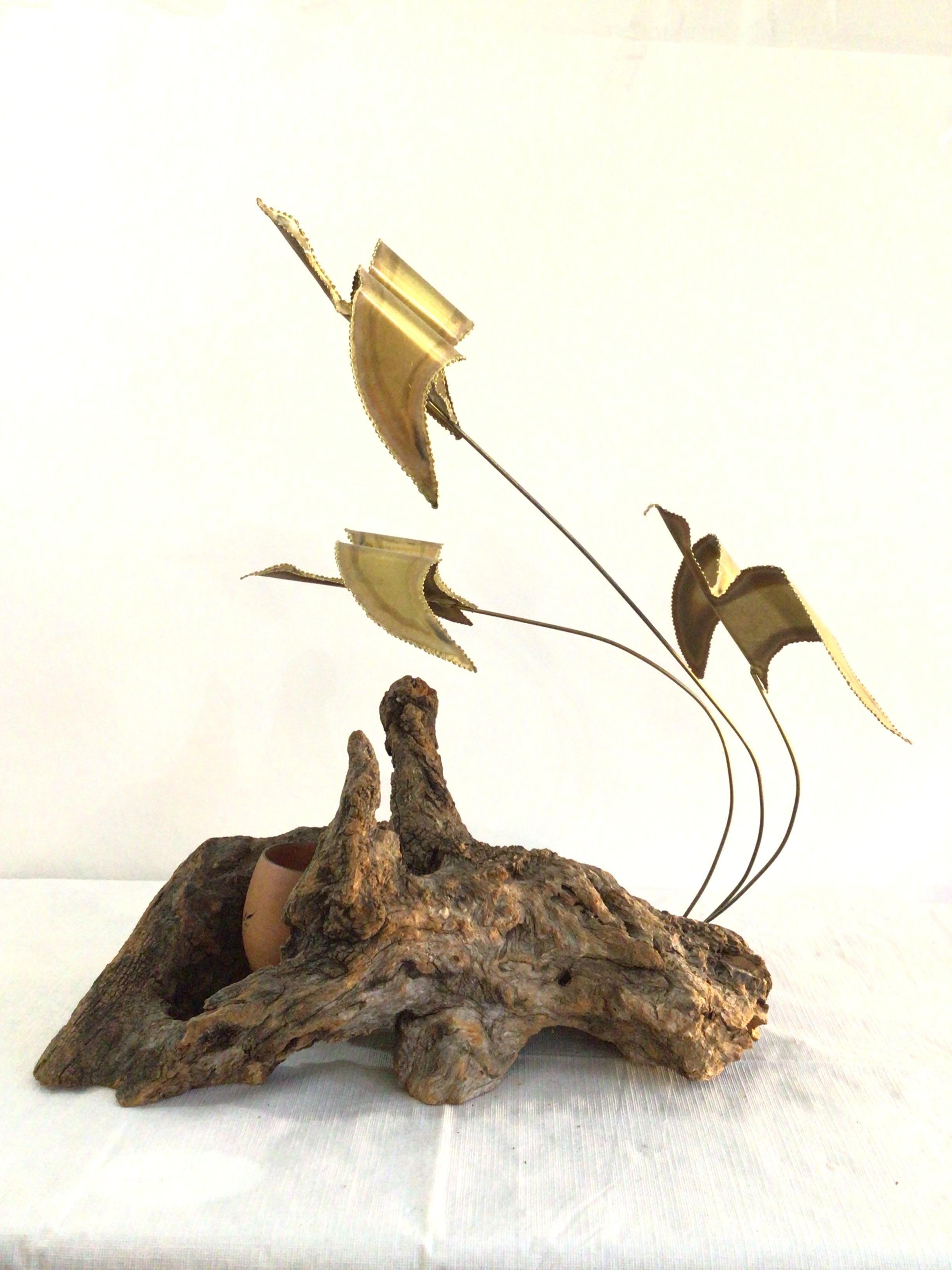 1960s Sheeted Brass Geese In Flight Sculpture On Driftwood Base
Wood Pot has signature Weber '86 could be used for a potted plant to add greenery to this spirited sculpture
Geese sculptures are all attached - not removable.