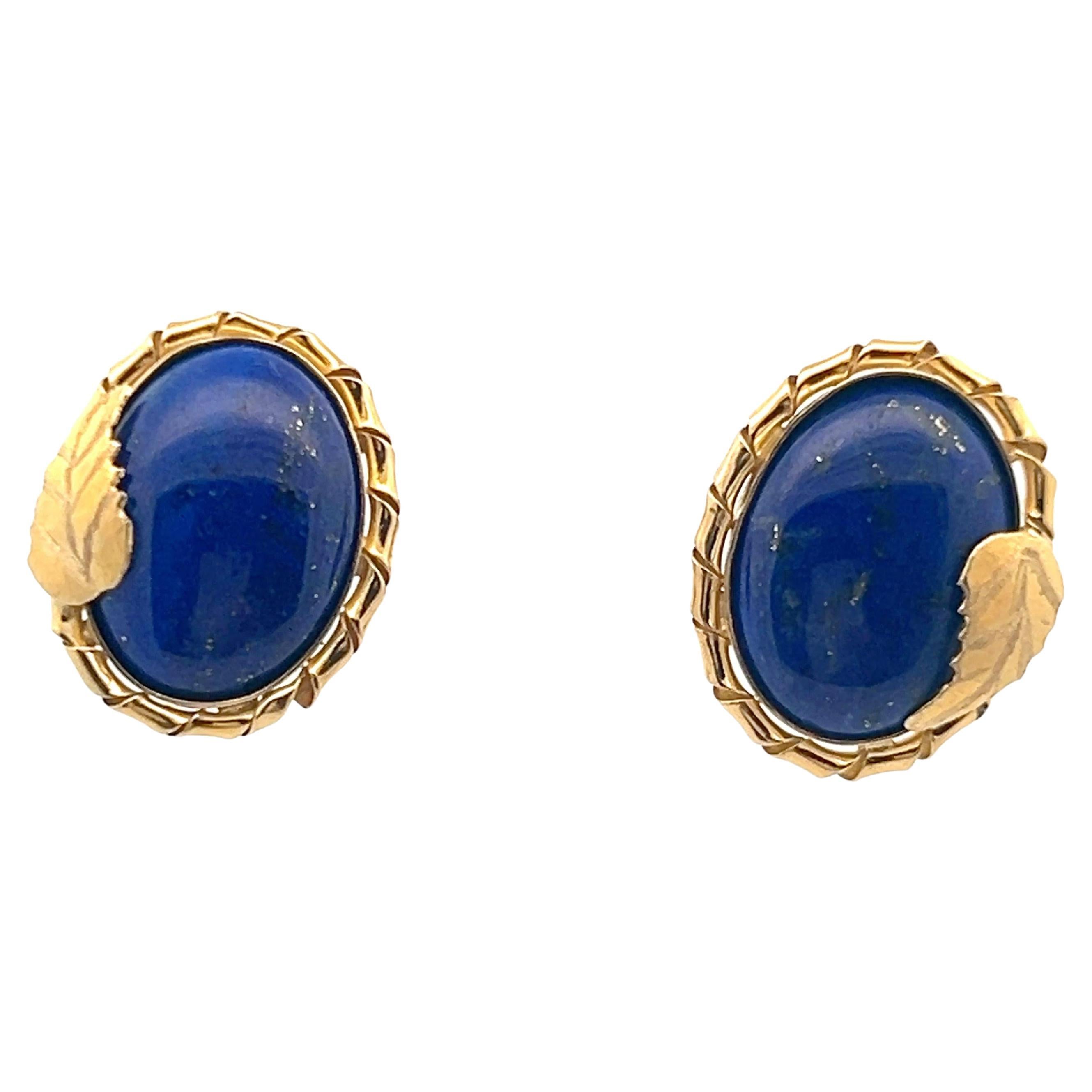 1960s Gem Lapis Cabachon and 18k Yellow Gold Hand Engraved Leaf Earrings For Sale