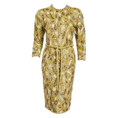 1960's Gene Shelly Chartreuse Yellow Sequin Beaded Stretch Knit Cocktail Dress