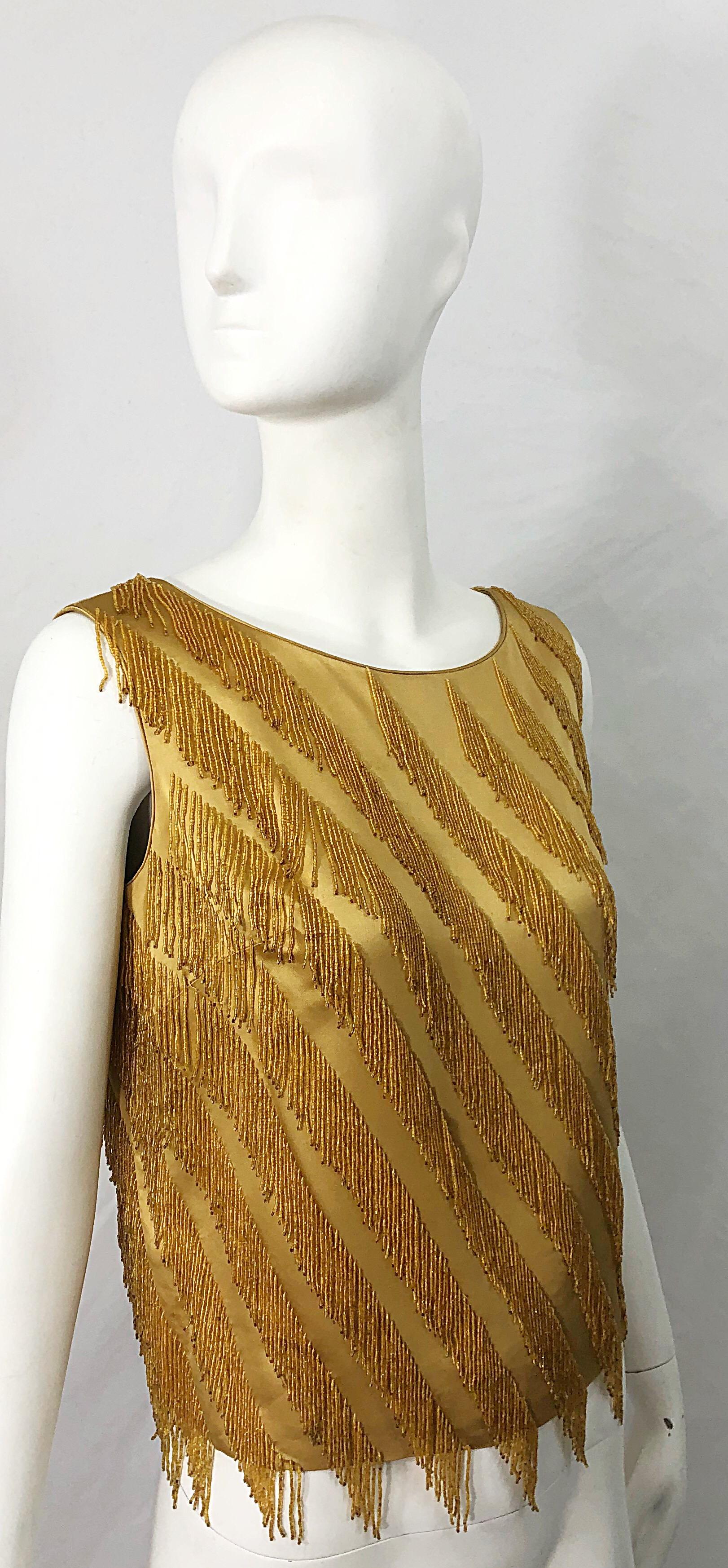 1960s Gene Shelly Gold Beaded Silk Rayon Vintage 60s Sleeveless Blouse Top For Sale 4