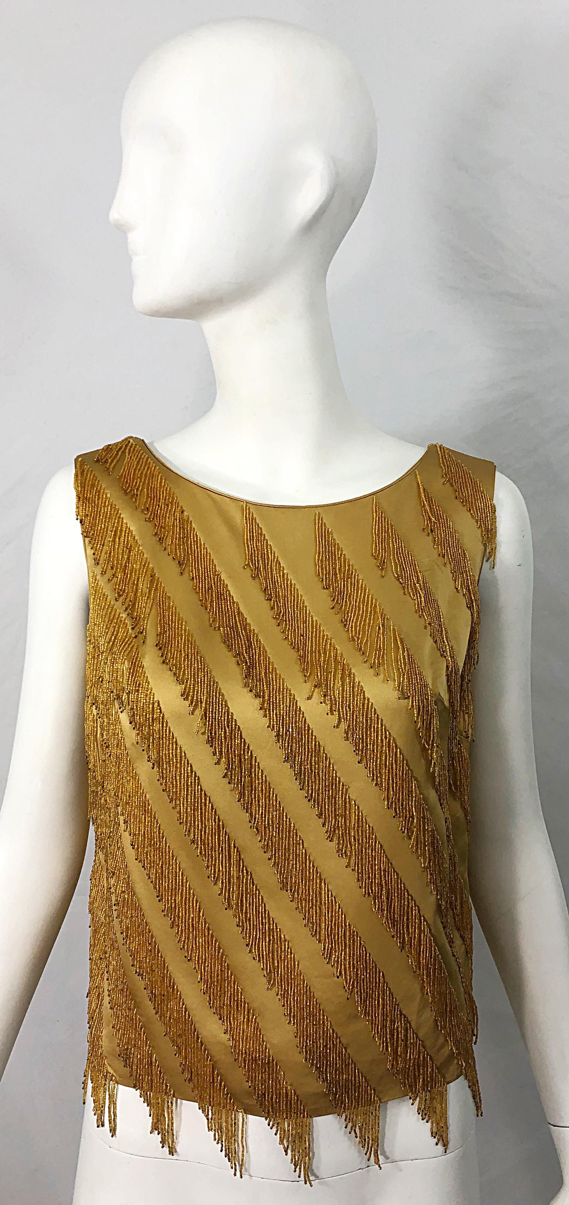 1960s Gene Shelly Gold Beaded Silk Rayon Vintage 60s Sleeveless Blouse Top For Sale 6
