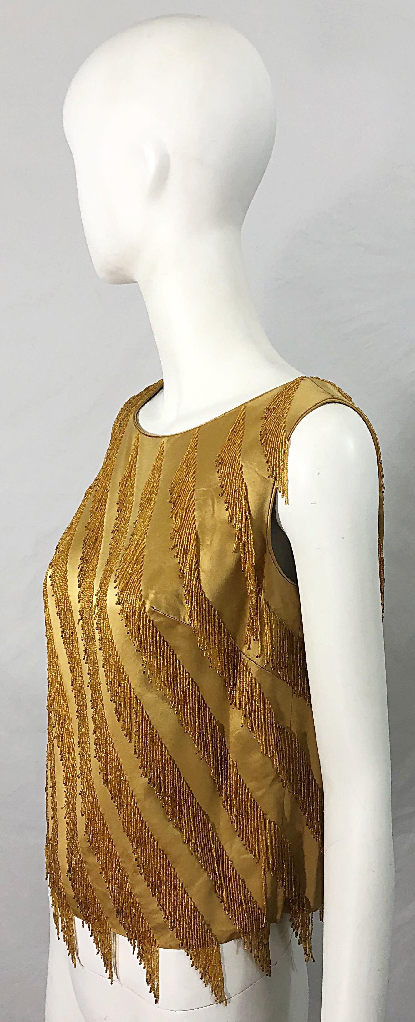 Brown 1960s Gene Shelly Gold Beaded Silk Rayon Vintage 60s Sleeveless Blouse Top For Sale