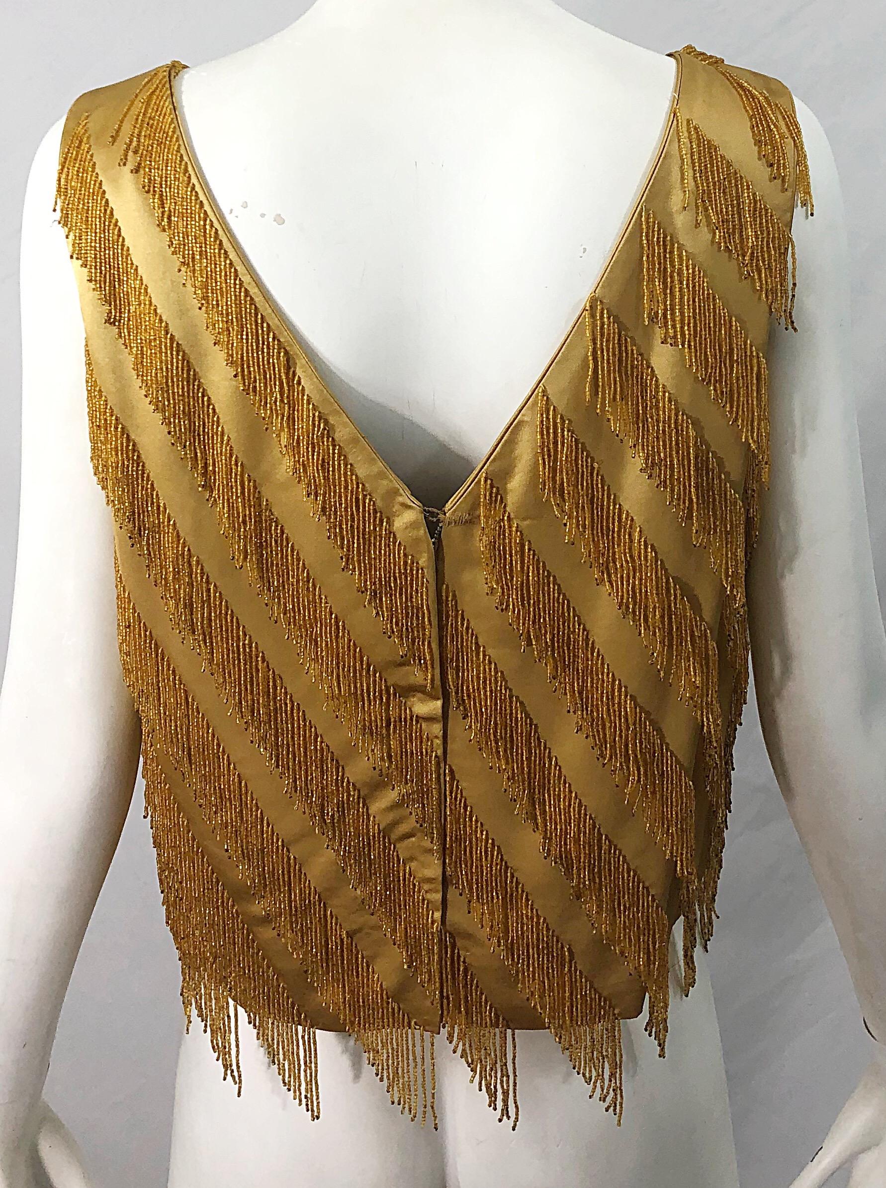 1960s Gene Shelly Gold Beaded Silk Rayon Vintage 60s Sleeveless Blouse Top In Excellent Condition For Sale In San Diego, CA