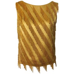 1960s Gene Shelly Gold Beaded Silk Rayon Retro 60s Sleeveless Blouse Top