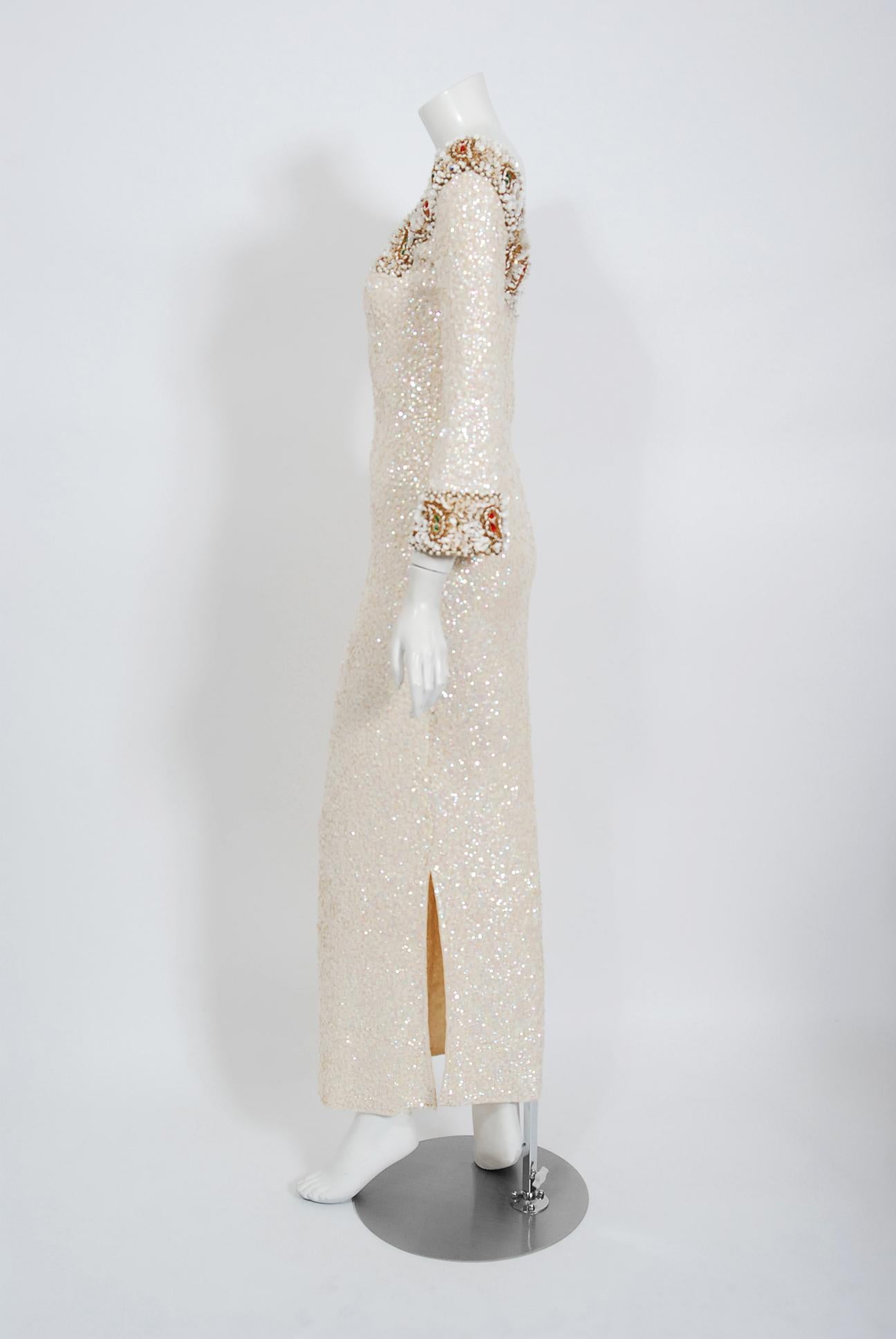 1960's Gene Shelly Ivory Creme Beaded Sequin Wool Knit Scoopneck Hourglass Gown In Good Condition In Beverly Hills, CA