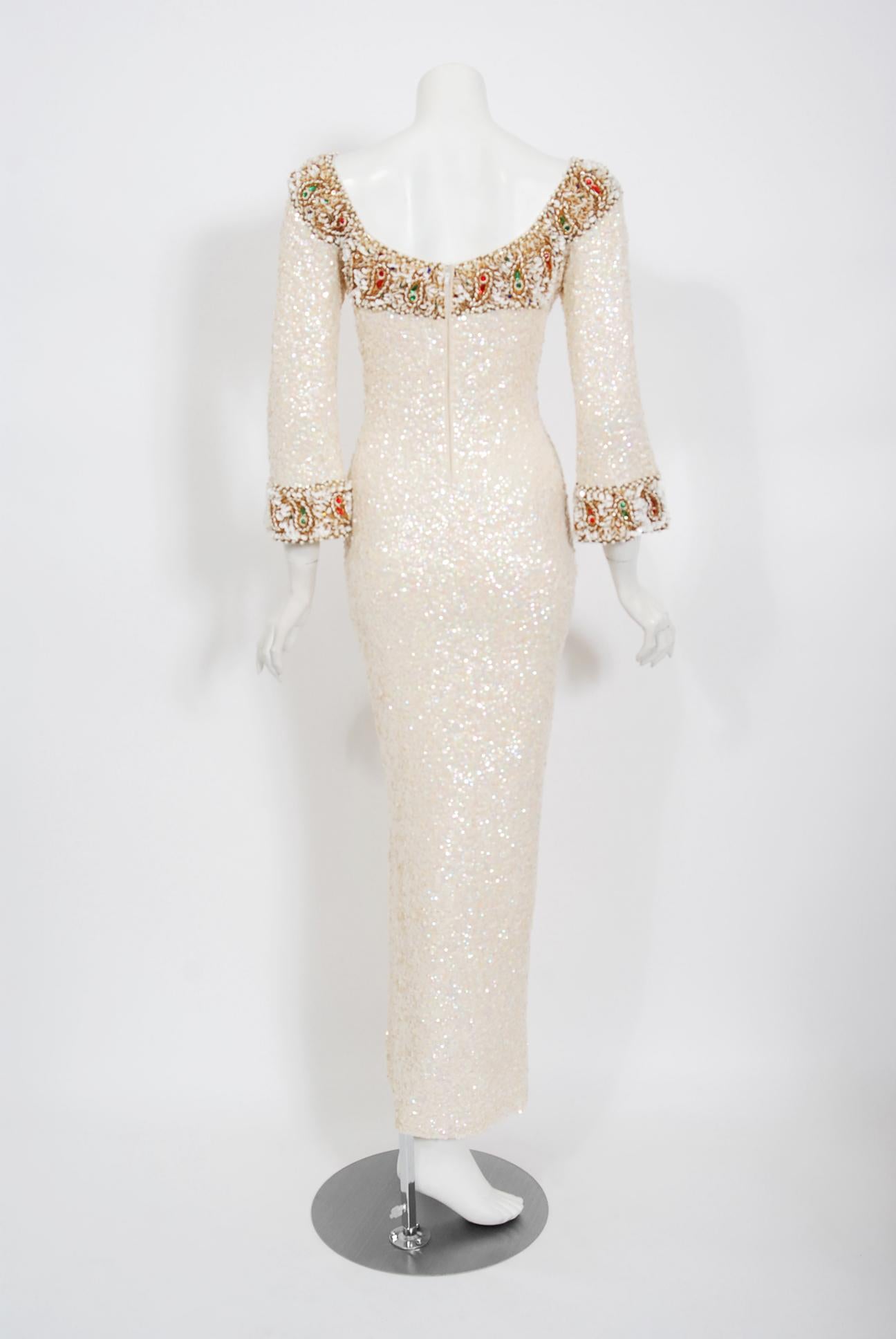 Women's 1960's Gene Shelly Ivory Creme Beaded Sequin Wool Knit Scoopneck Hourglass Gown