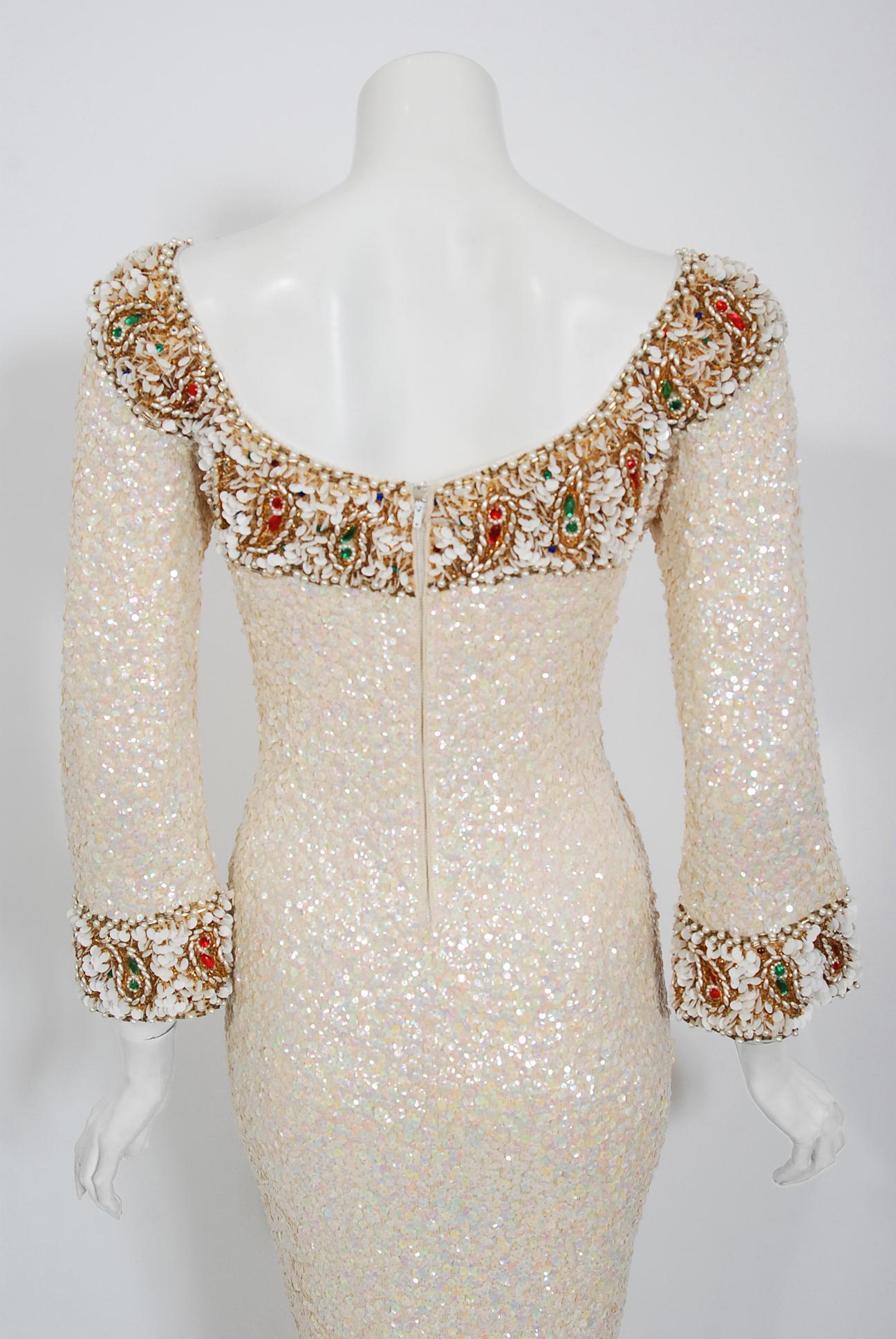 1960's Gene Shelly Ivory Creme Beaded Sequin Wool Knit Scoopneck Hourglass Gown 1