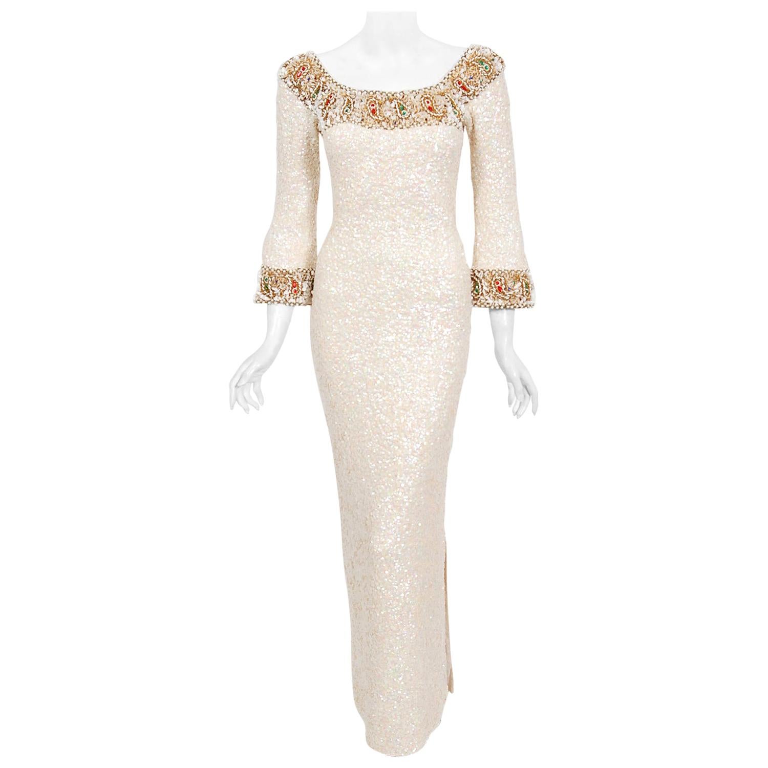 1960's Gene Shelly Ivory Creme Beaded Sequin Wool Knit Scoopneck Hourglass Gown