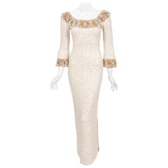 1960's Gene Shelly Ivory Creme Beaded Sequin Wool Knit Scoopneck Hourglass Gown