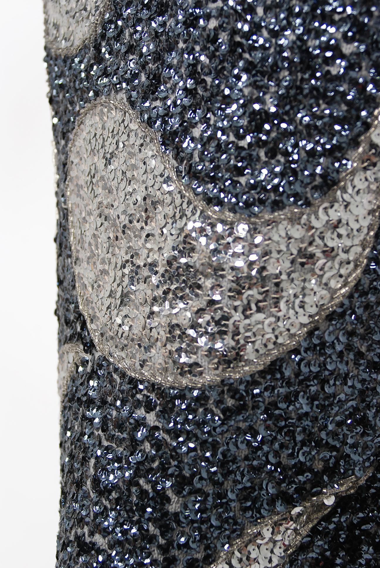 Black Vintage 1960's Gene Shelly Silver Sequin Beaded Wool Knit Hourglass Dress