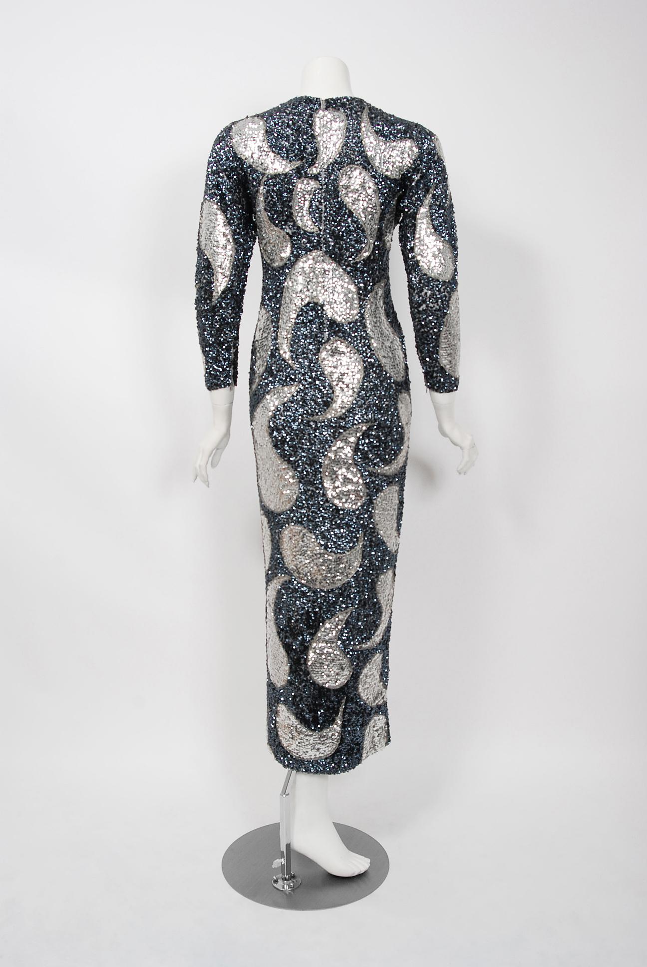 Women's Vintage 1960's Gene Shelly Silver Sequin Beaded Wool Knit Hourglass Dress