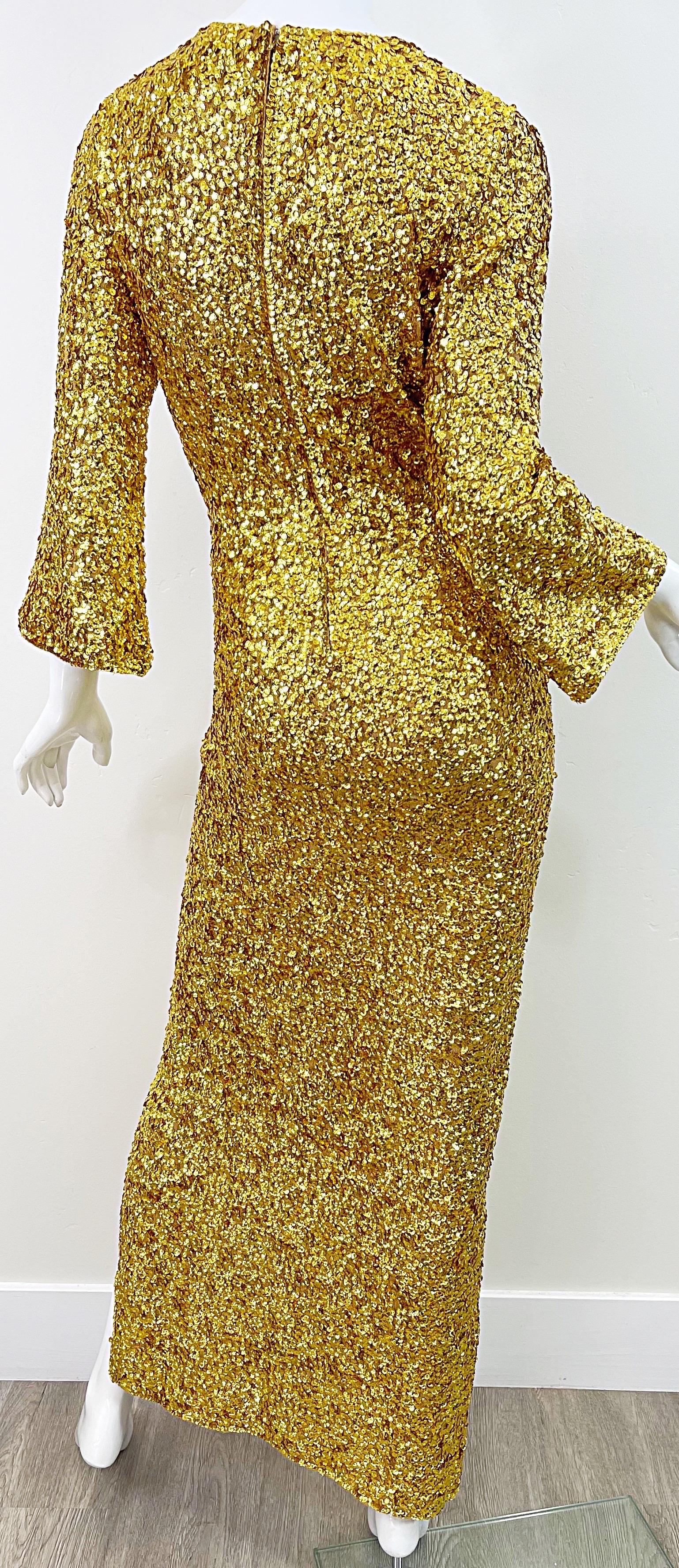 1960s Gene Shelly’s Gold Sequin Keyhole Long Bell Sleeve Vintage Wool 60s Gown For Sale 3