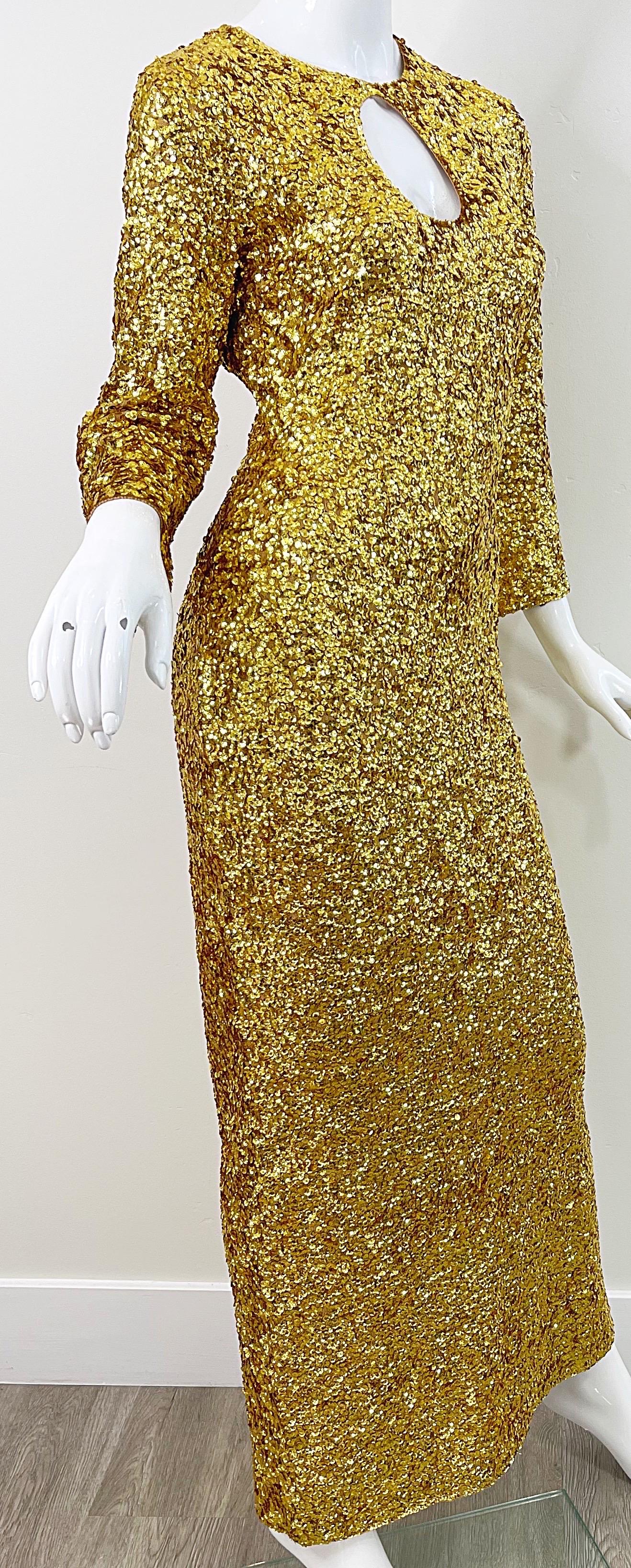 1960s Gene Shelly’s Gold Sequin Keyhole Long Bell Sleeve Vintage Wool 60s Gown For Sale 4