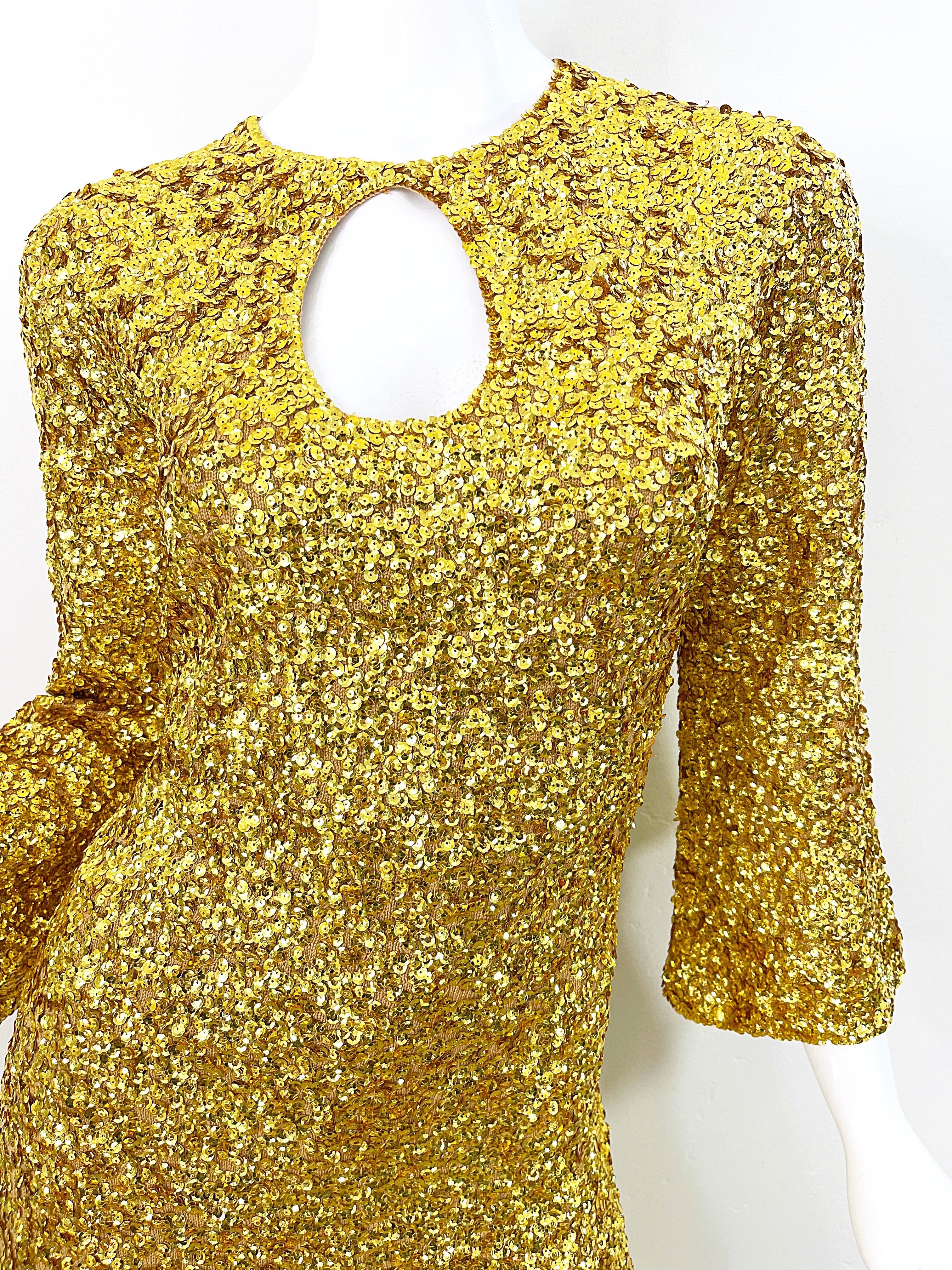 1960s Gene Shelly’s Gold Sequin Keyhole Long Bell Sleeve Vintage Wool 60s Gown For Sale 6