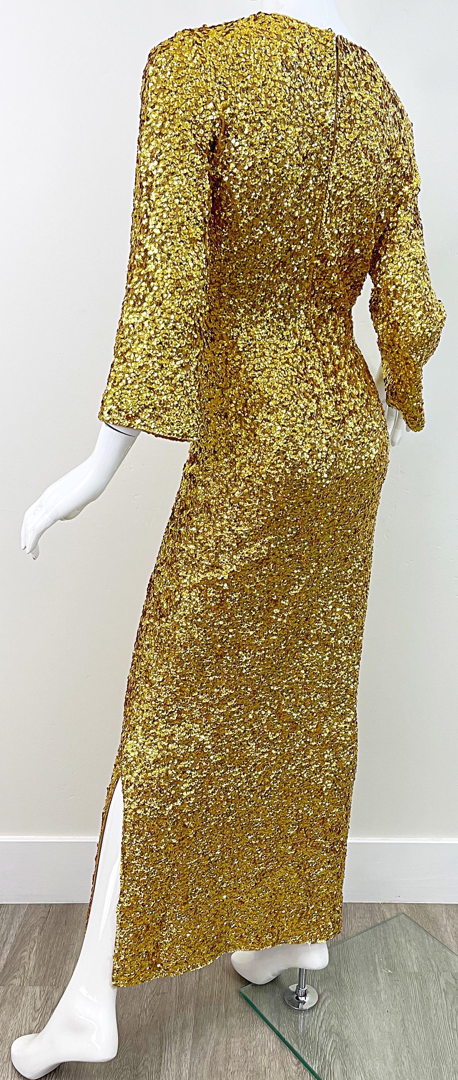 1960s Gene Shelly’s Gold Sequin Keyhole Long Bell Sleeve Vintage Wool 60s Gown For Sale 6