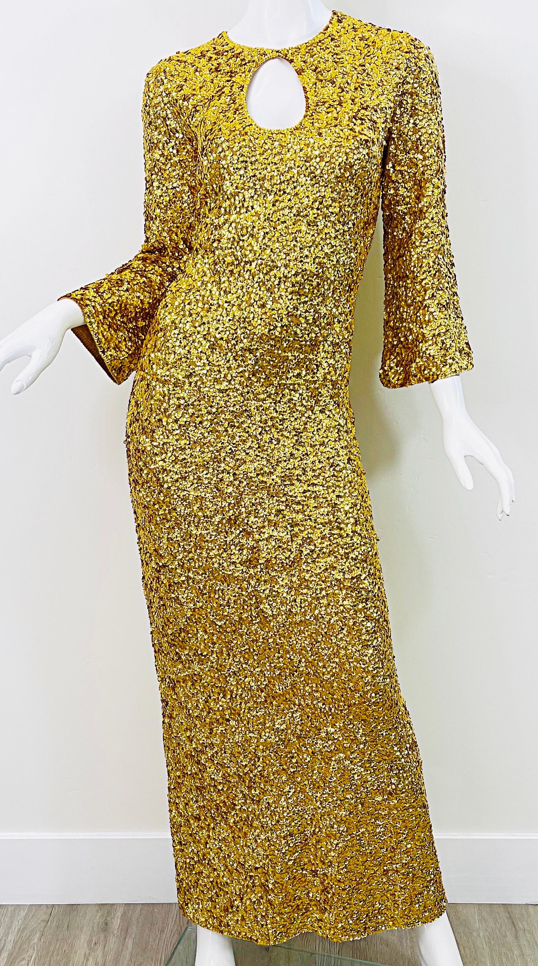 1960s Gene Shelly’s Gold Sequin Keyhole Long Bell Sleeve Vintage Wool 60s Gown For Sale 9