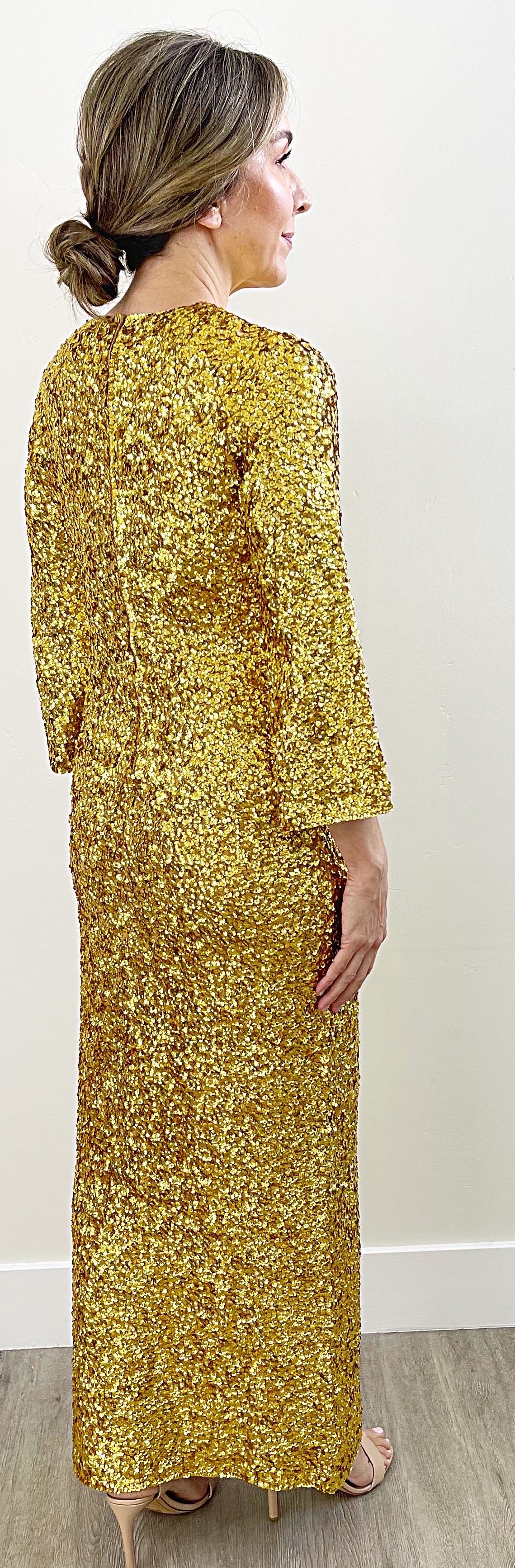 1960s Gene Shelly’s Gold Sequin Keyhole Long Bell Sleeve Vintage Wool 60s Gown For Sale 12