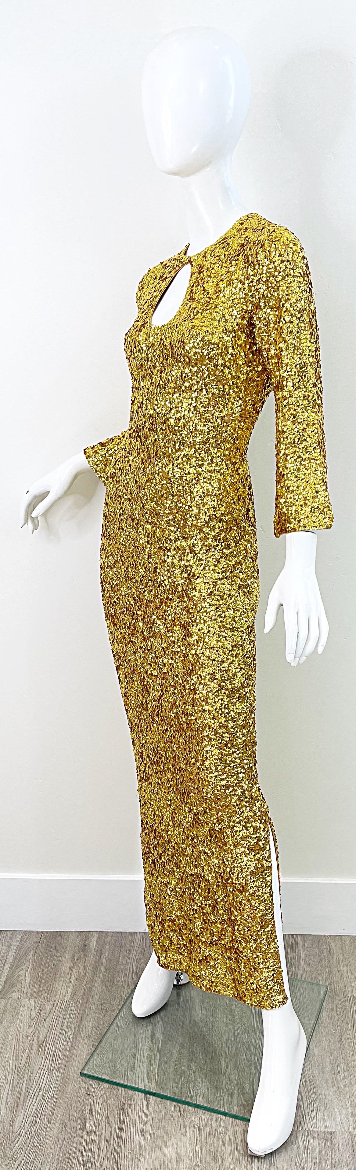 1960s Gene Shelly’s Gold Sequin Keyhole Long Bell Sleeve Vintage Wool 60s Gown In Excellent Condition For Sale In San Diego, CA