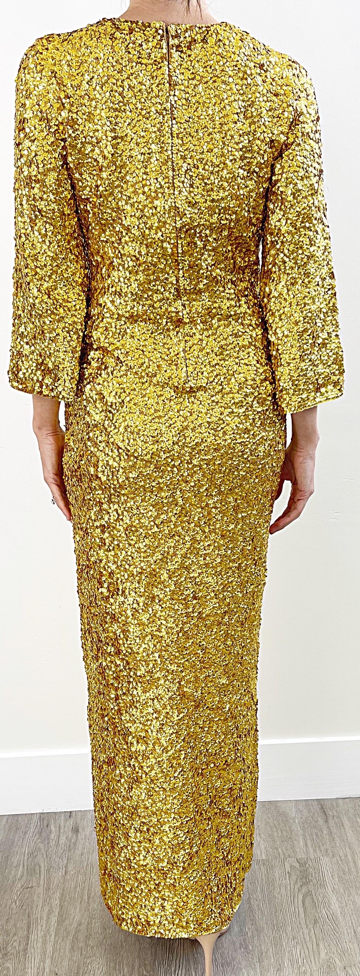 1960s Gene Shelly’s Gold Sequin Keyhole Long Bell Sleeve Vintage Wool 60s Gown In Excellent Condition For Sale In San Diego, CA