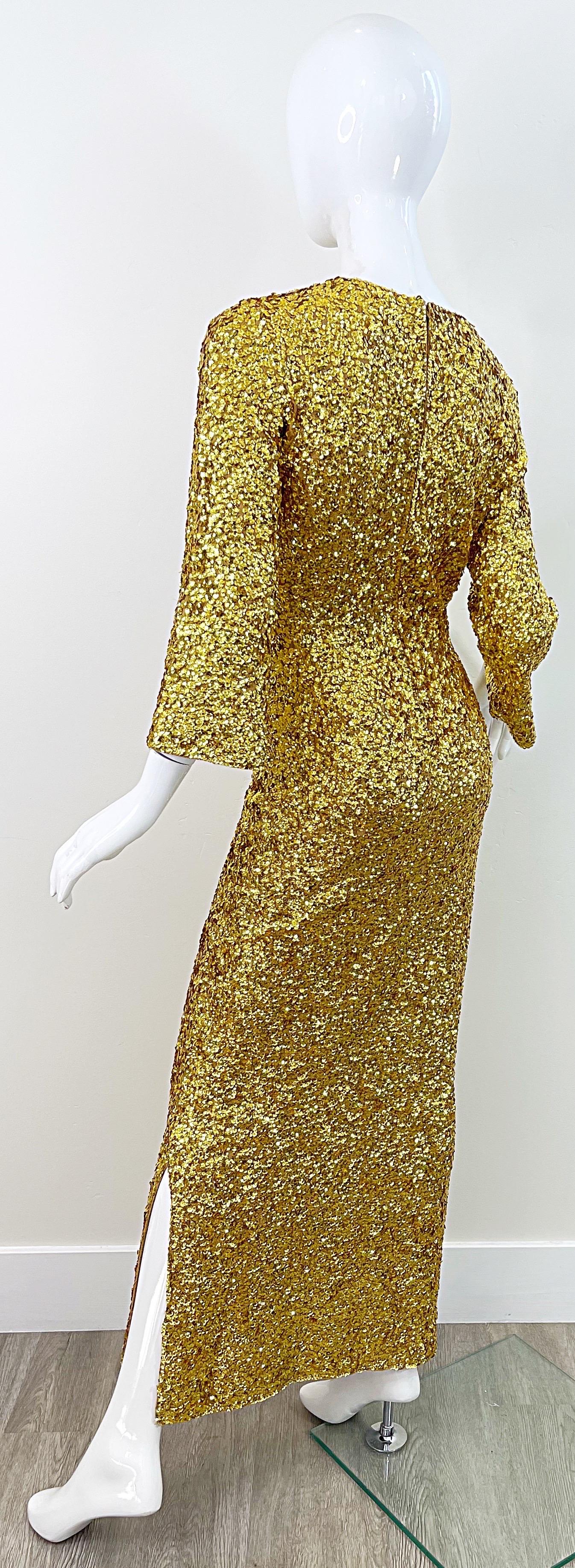 1960s Gene Shelly’s Gold Sequin Keyhole Long Bell Sleeve Vintage Wool 60s Gown For Sale 1