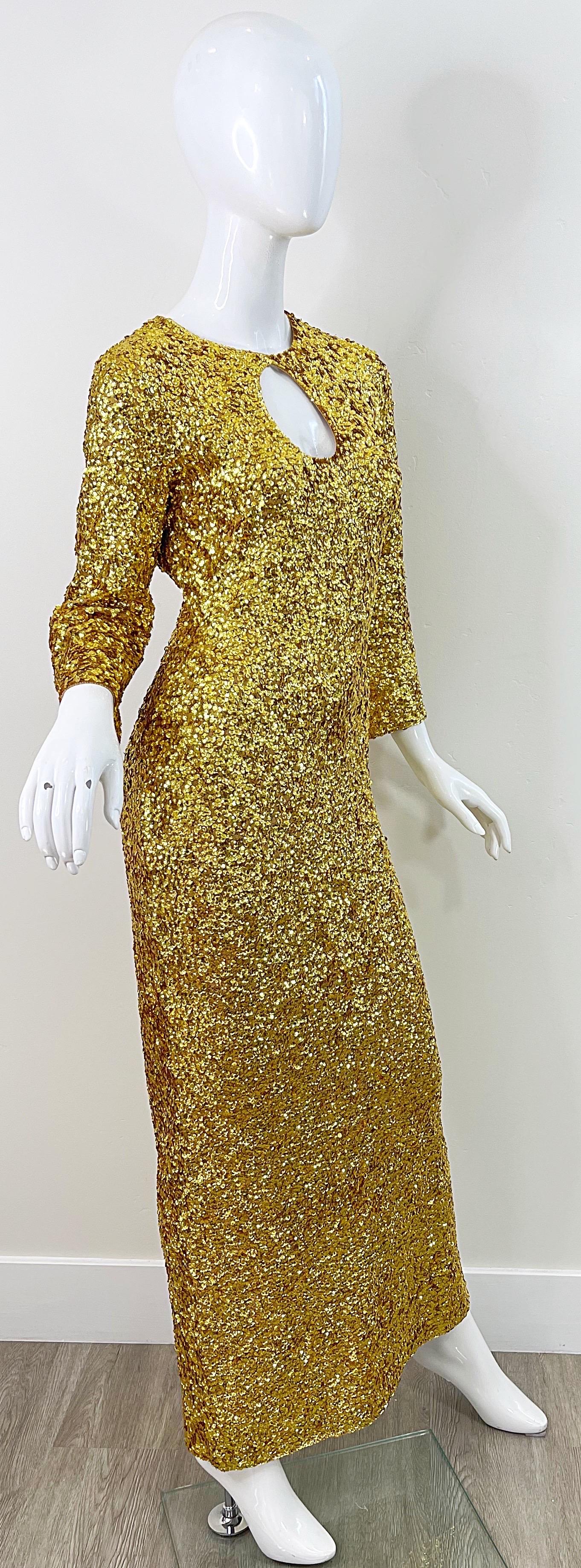 1960s Gene Shelly’s Gold Sequin Keyhole Long Bell Sleeve Vintage Wool 60s Gown For Sale 1