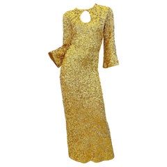 1960er Gene Shelleys Gold Pailletten Schlüsselloch lange Glocke Ärmel Vintage Wolle 60s Kleid