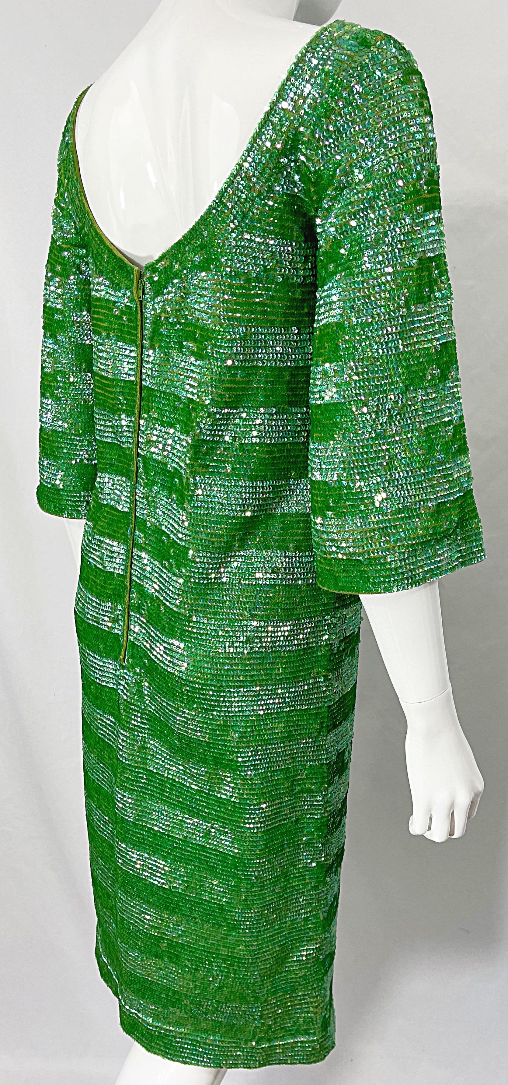 1960s Lime Green Fully Sequined 3/4 Sleeves Vintage 60s Wool Dress For Sale 3