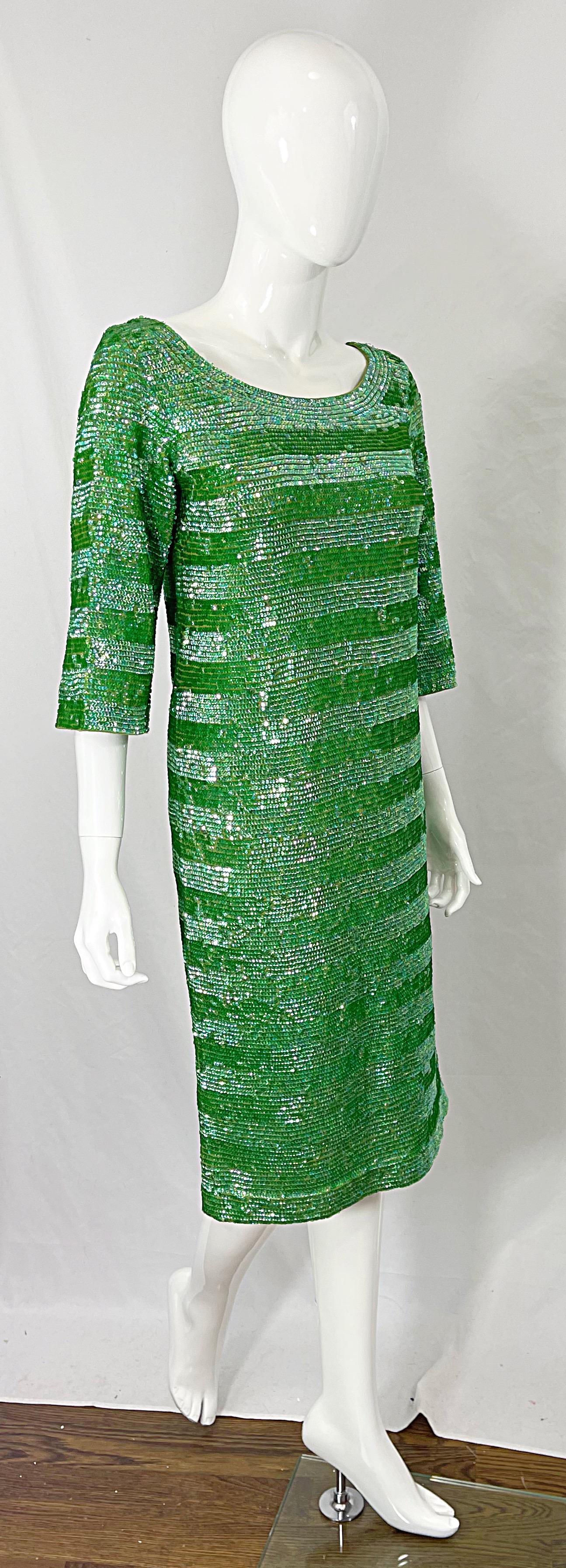 1960s Lime Green Fully Sequined 3/4 Sleeves Vintage 60s Wool Dress For Sale 4