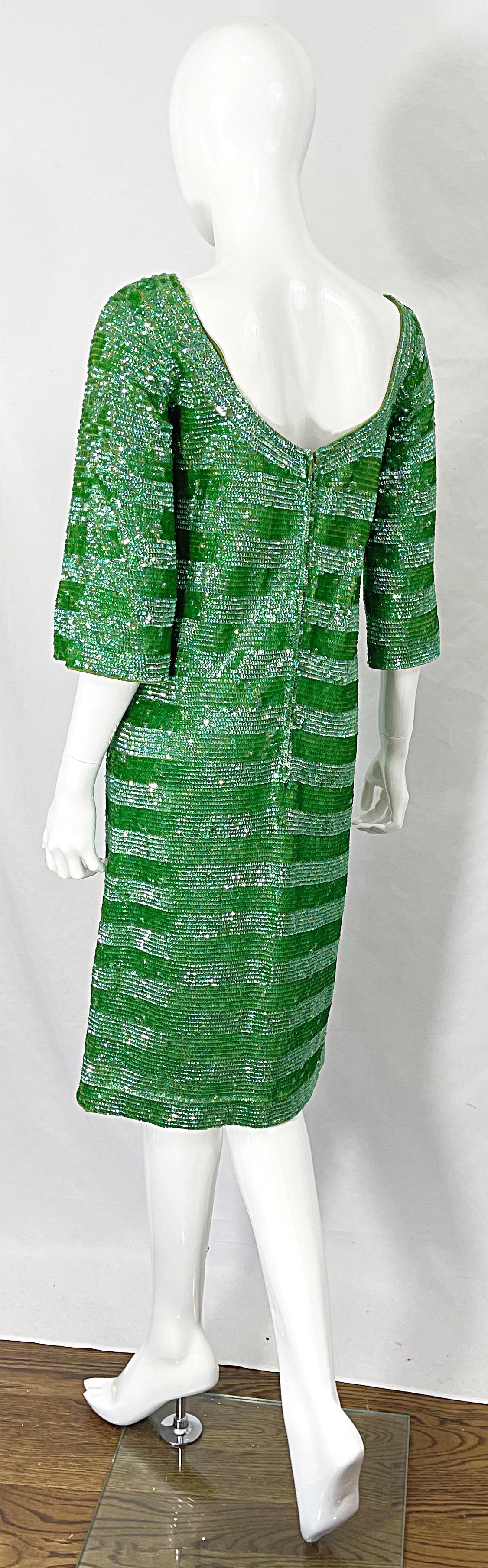 1960s Lime Green Fully Sequined 3/4 Sleeves Vintage 60s Wool Dress For Sale 5