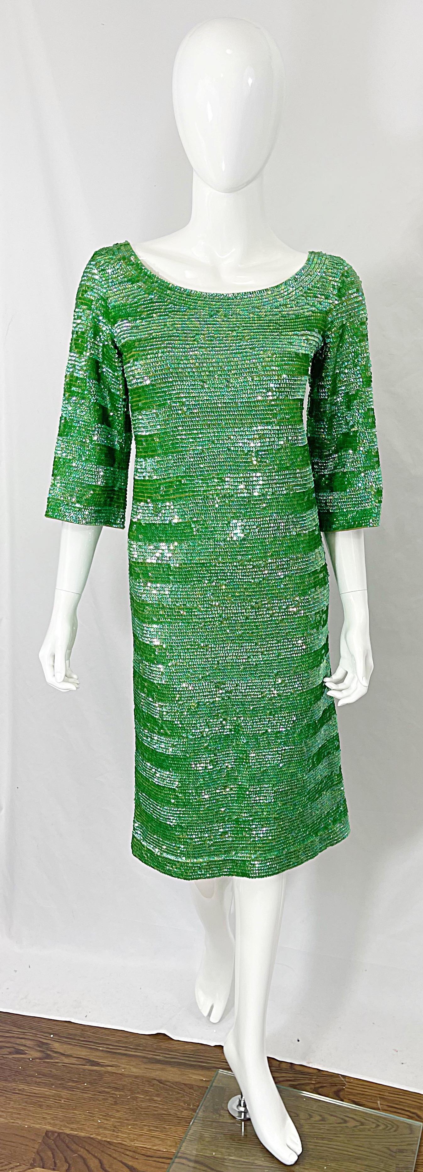 1960s Lime Green Fully Sequined 3/4 Sleeves Vintage 60s Wool Dress For Sale 6