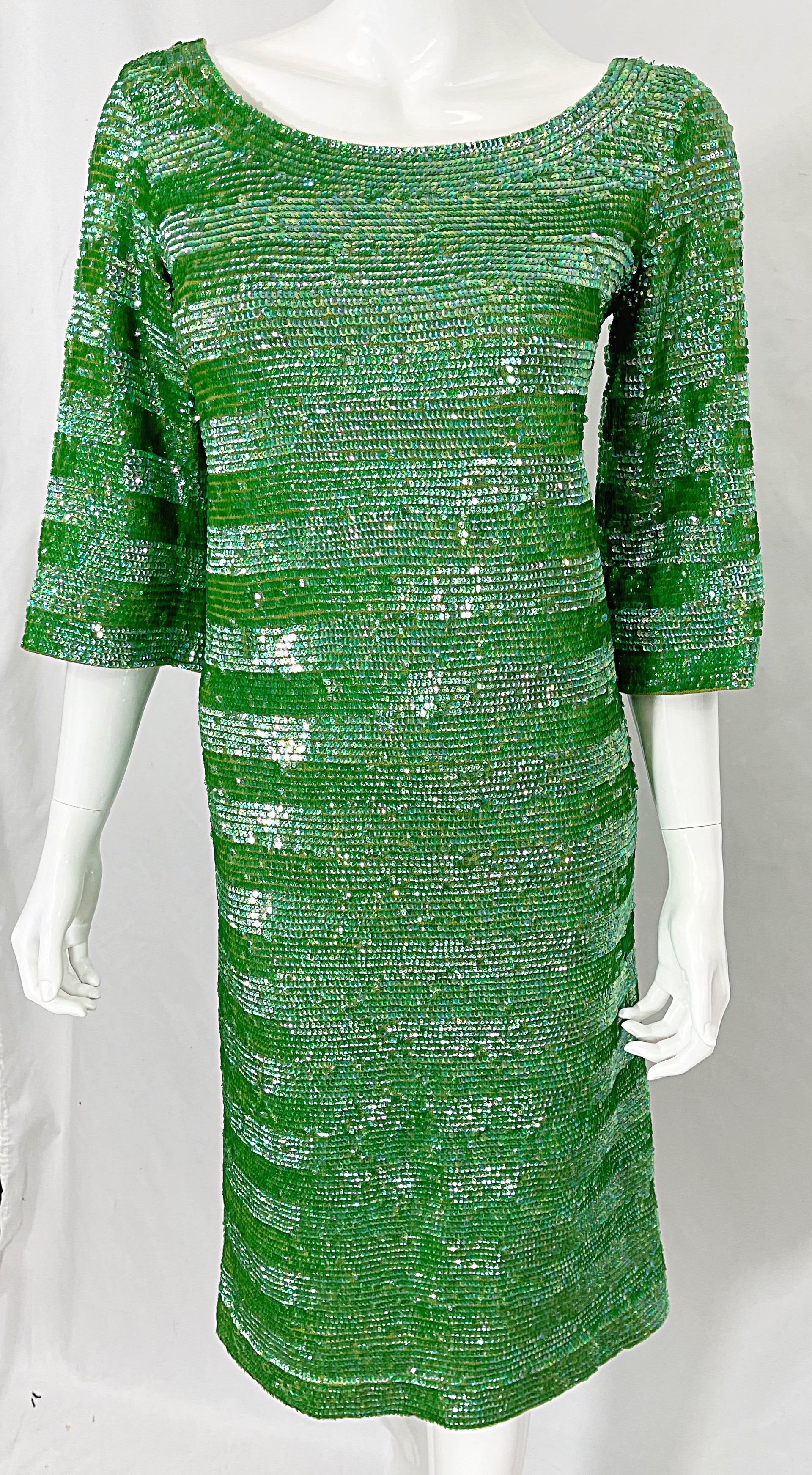 Vintage 60er Wollkleid in Limonengrün mit 3/4-Ärmeln und Pailletten Damen im Angebot