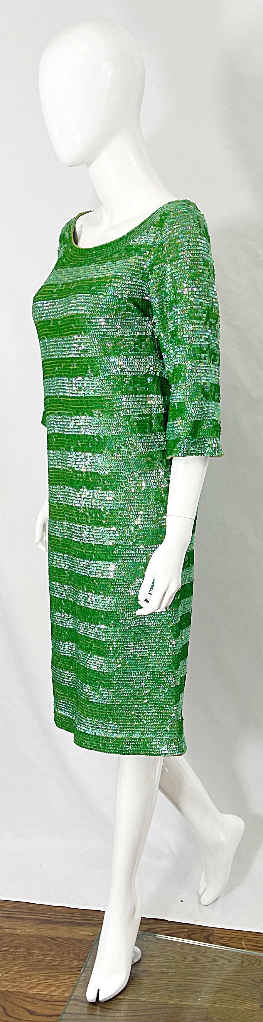 1960s Lime Green Fully Sequined 3/4 Sleeves Vintage 60s Wool Dress In Excellent Condition For Sale In San Diego, CA
