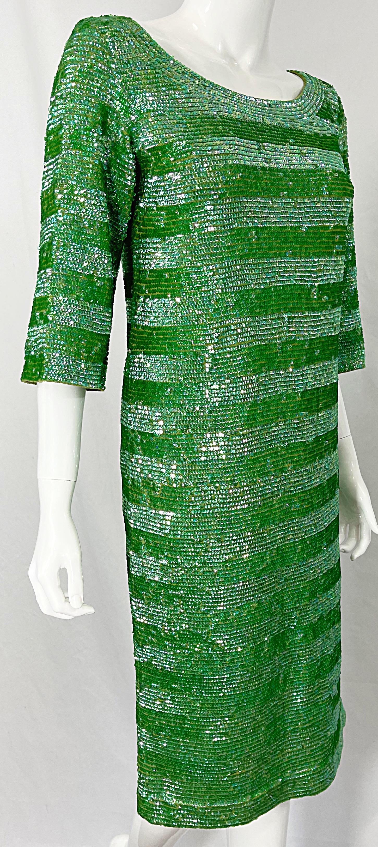 Women's 1960s Lime Green Fully Sequined 3/4 Sleeves Vintage 60s Wool Dress For Sale