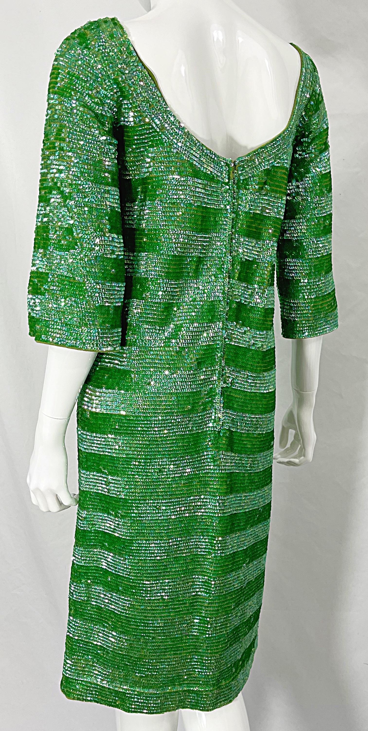 1960s Lime Green Fully Sequined 3/4 Sleeves Vintage 60s Wool Dress For Sale 1