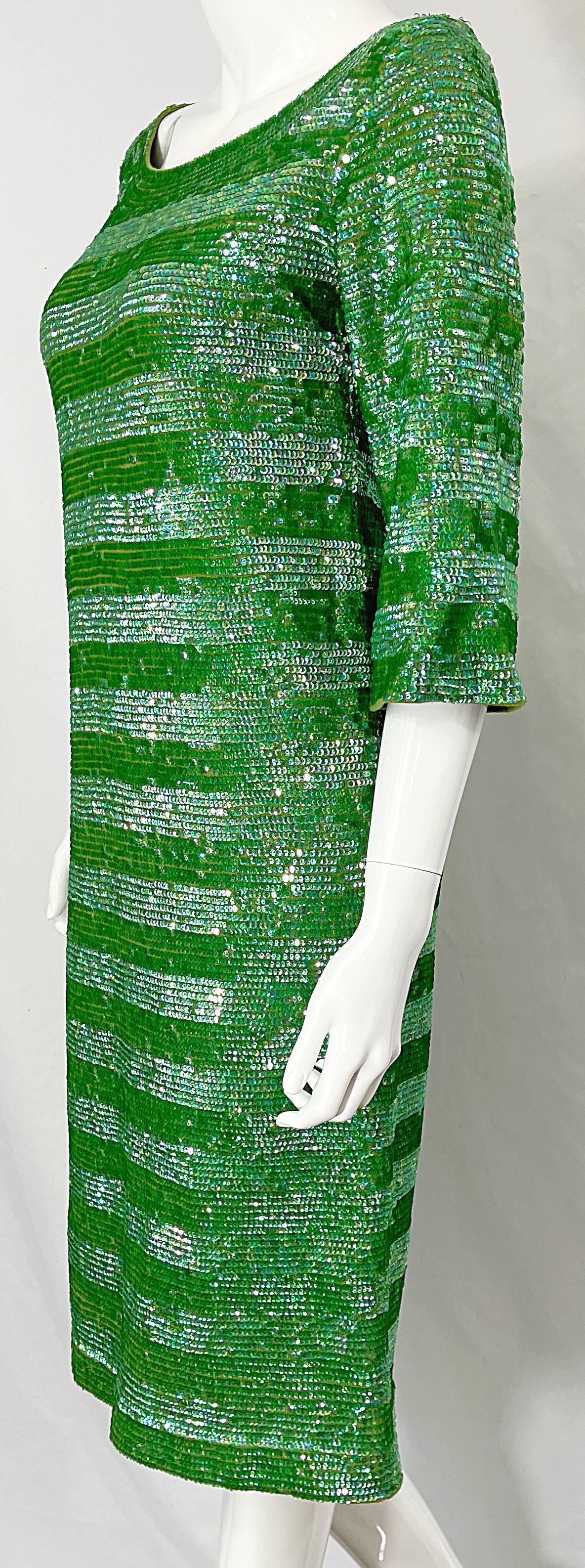 1960s Lime Green Fully Sequined 3/4 Sleeves Vintage 60s Wool Dress For Sale 2