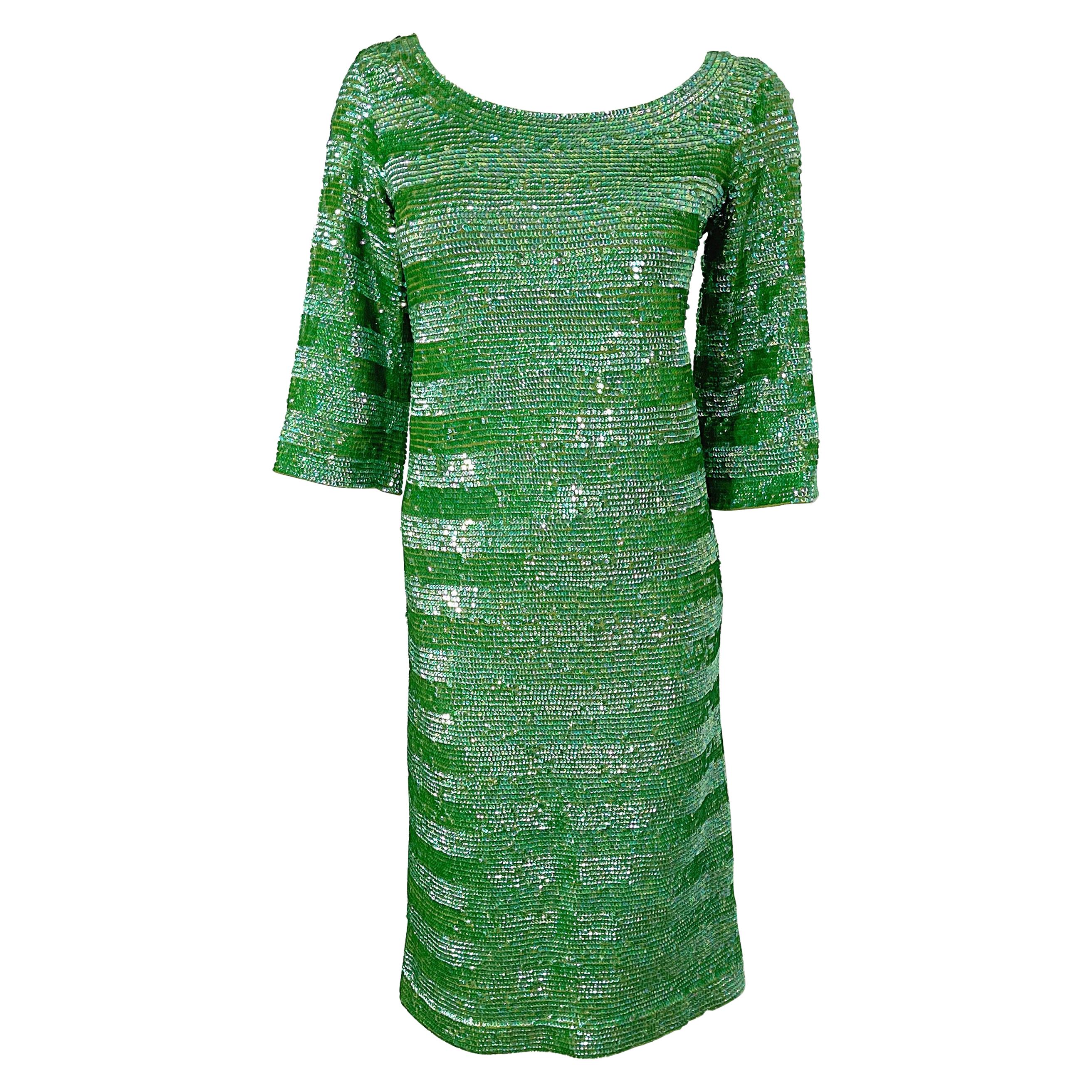 1960s Lime Green Fully Sequined 3/4 Sleeves Vintage 60s Wool Dress For Sale
