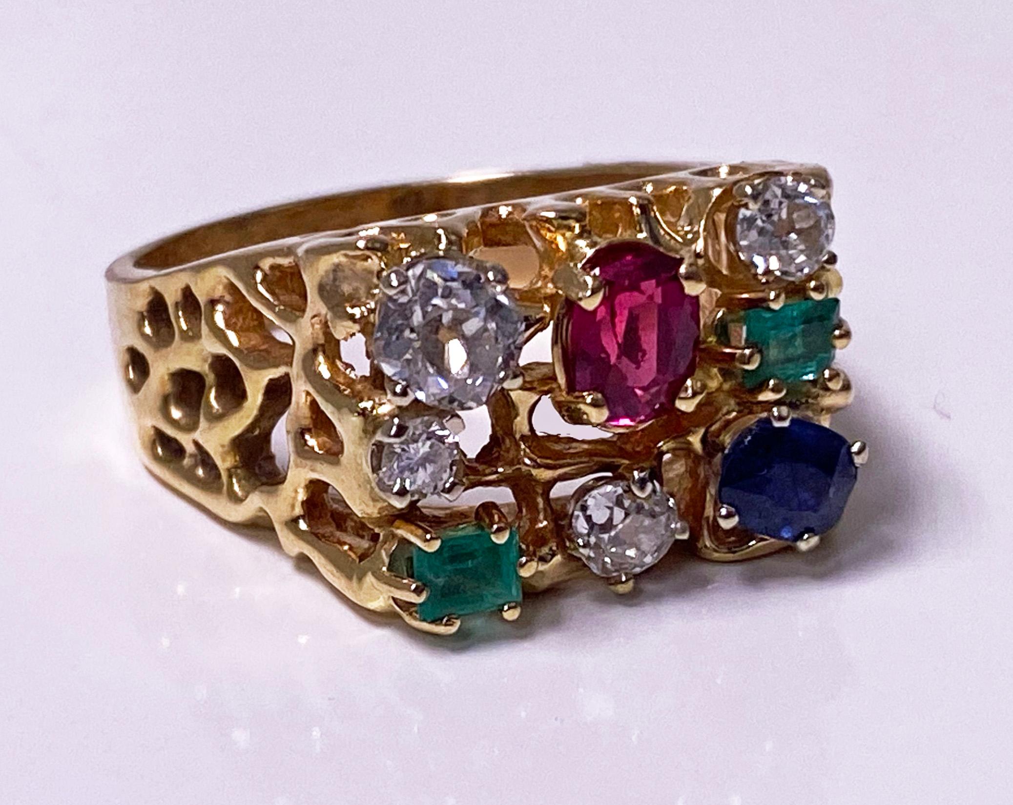 1960’s colorful Gold and Gemstone Ring. The custom made Ring of a rectangular tutti fruti like form set with three old mine cut diamonds and a round brilliant cut diamond, total diamond weight approximately 1.15 ct, average SI1 clarity, average I-K