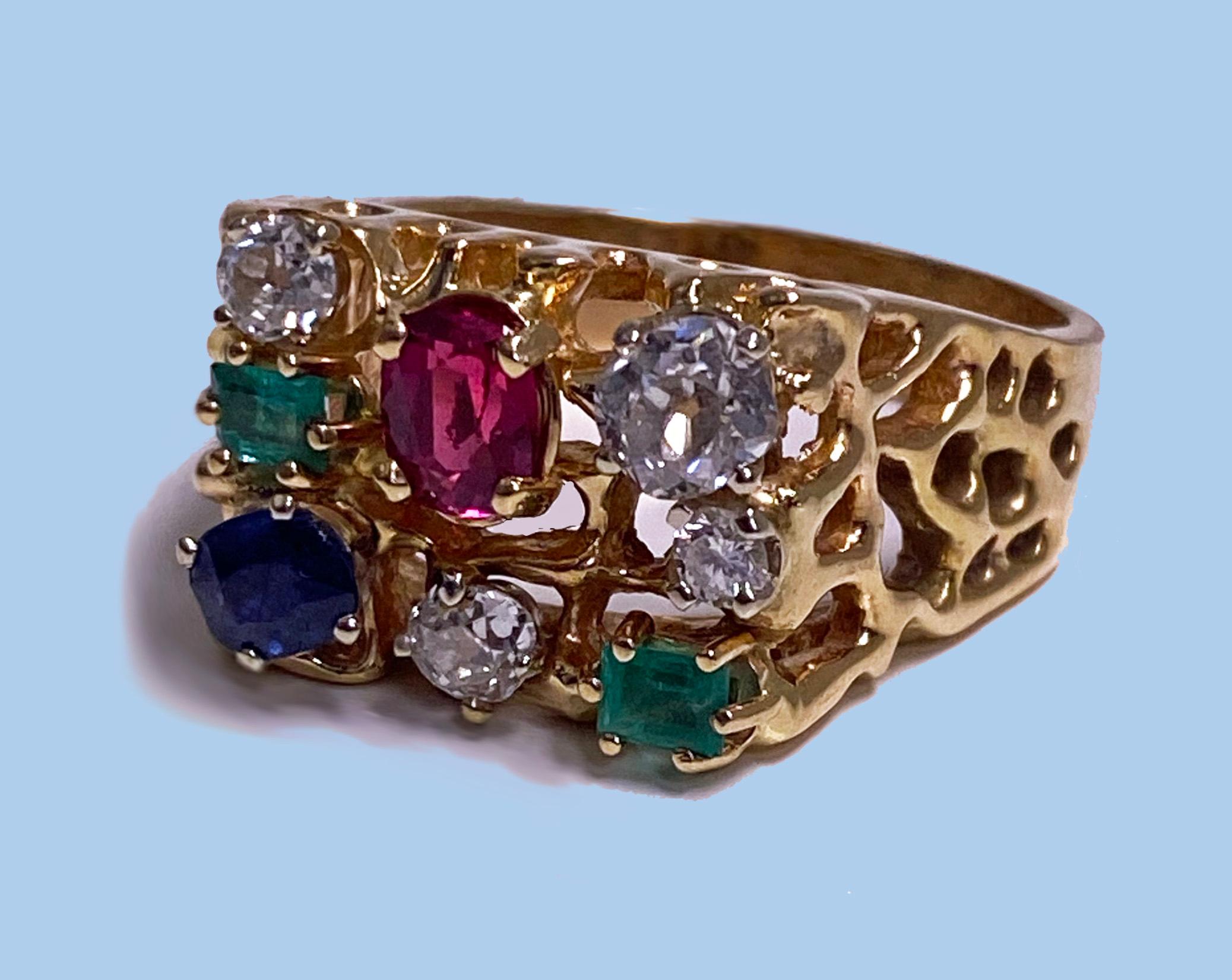 Mixed Cut 1960’s Gentleman's Gold and Gemstone Ring For Sale