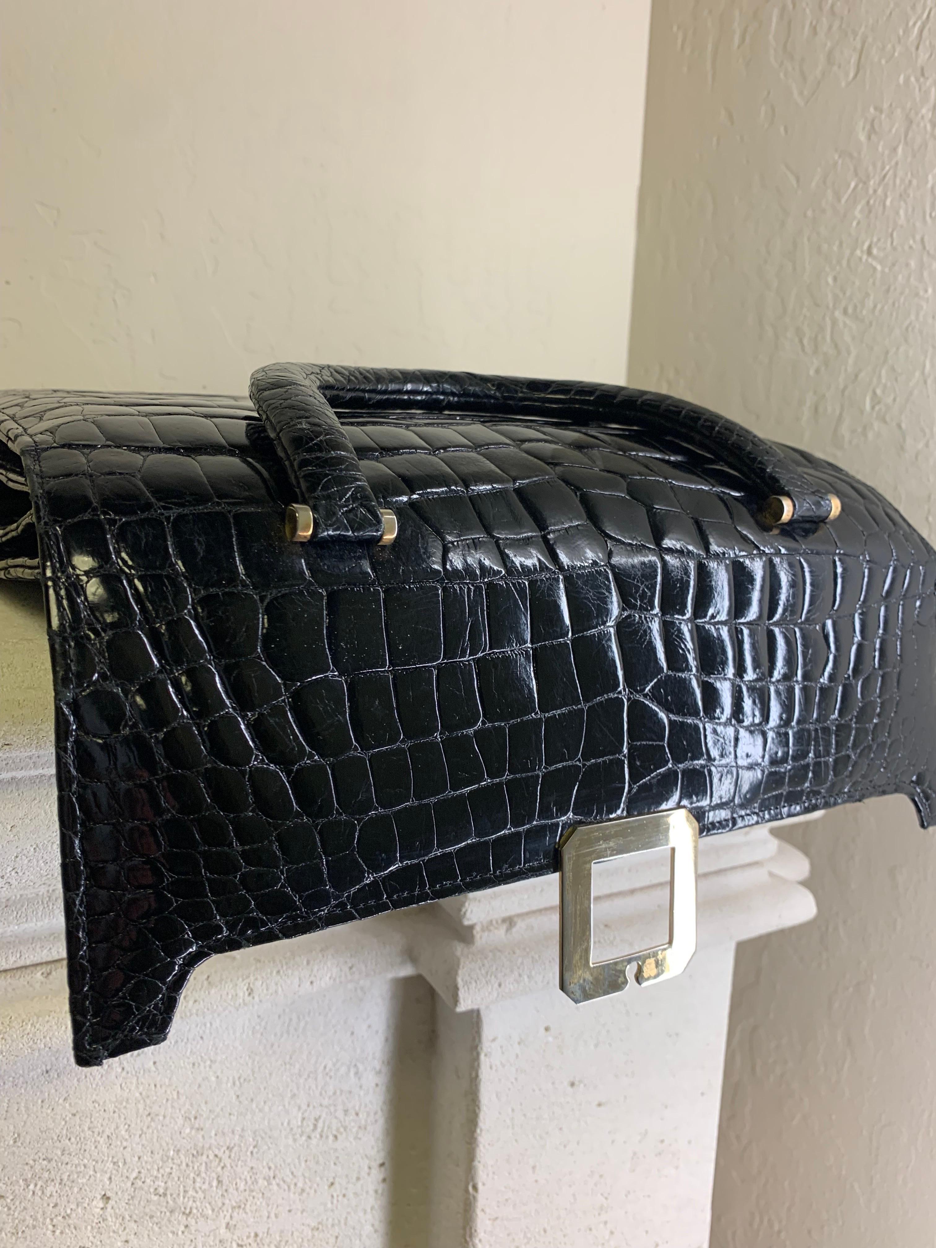 1960s Genuine Black Alligator Tailored Top-Handle Handbag w/ Silver Buckle For Sale 5