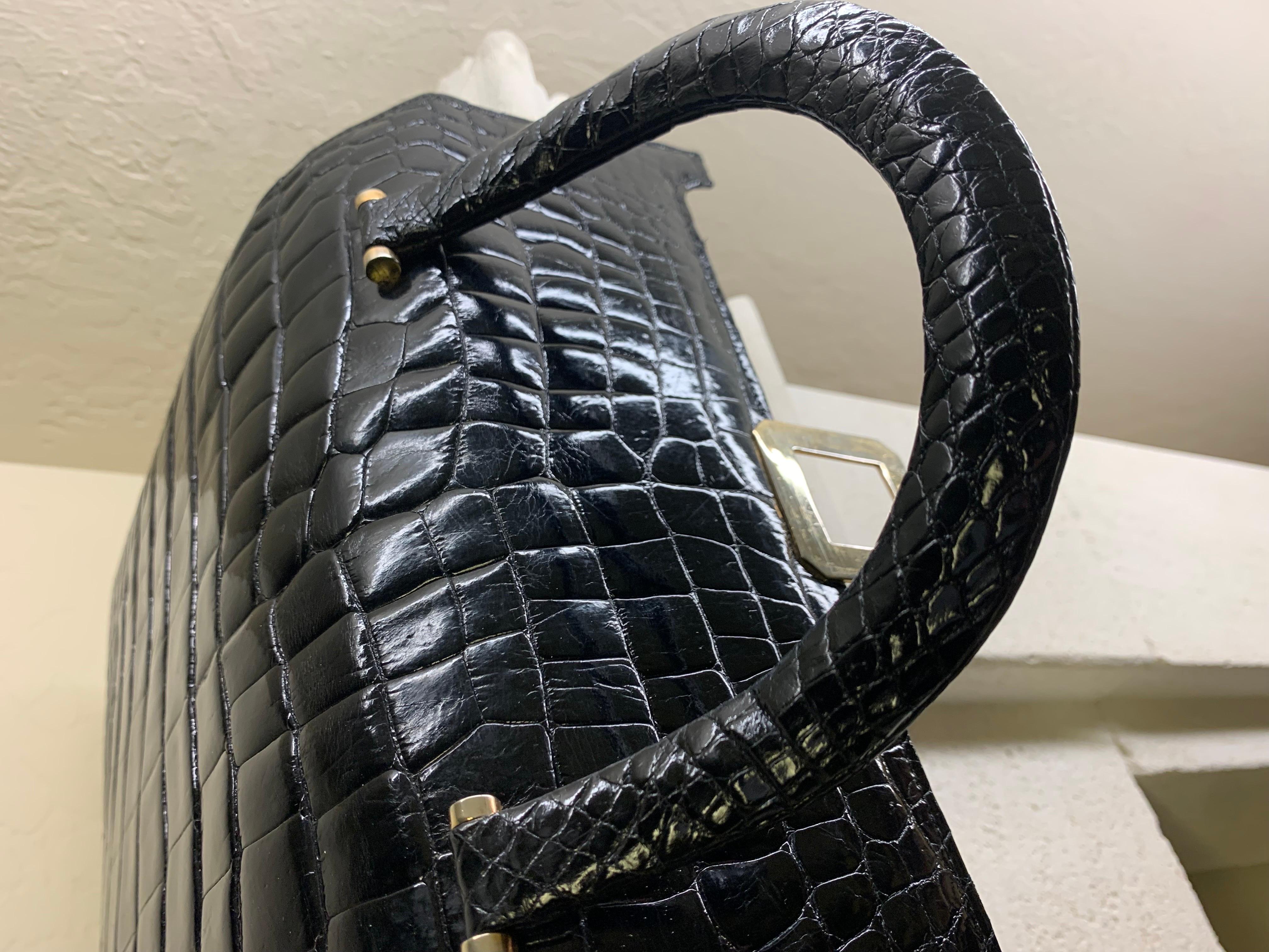 1960s Genuine Black Alligator Tailored Top-Handle Handbag w/ Silver Buckle For Sale 7