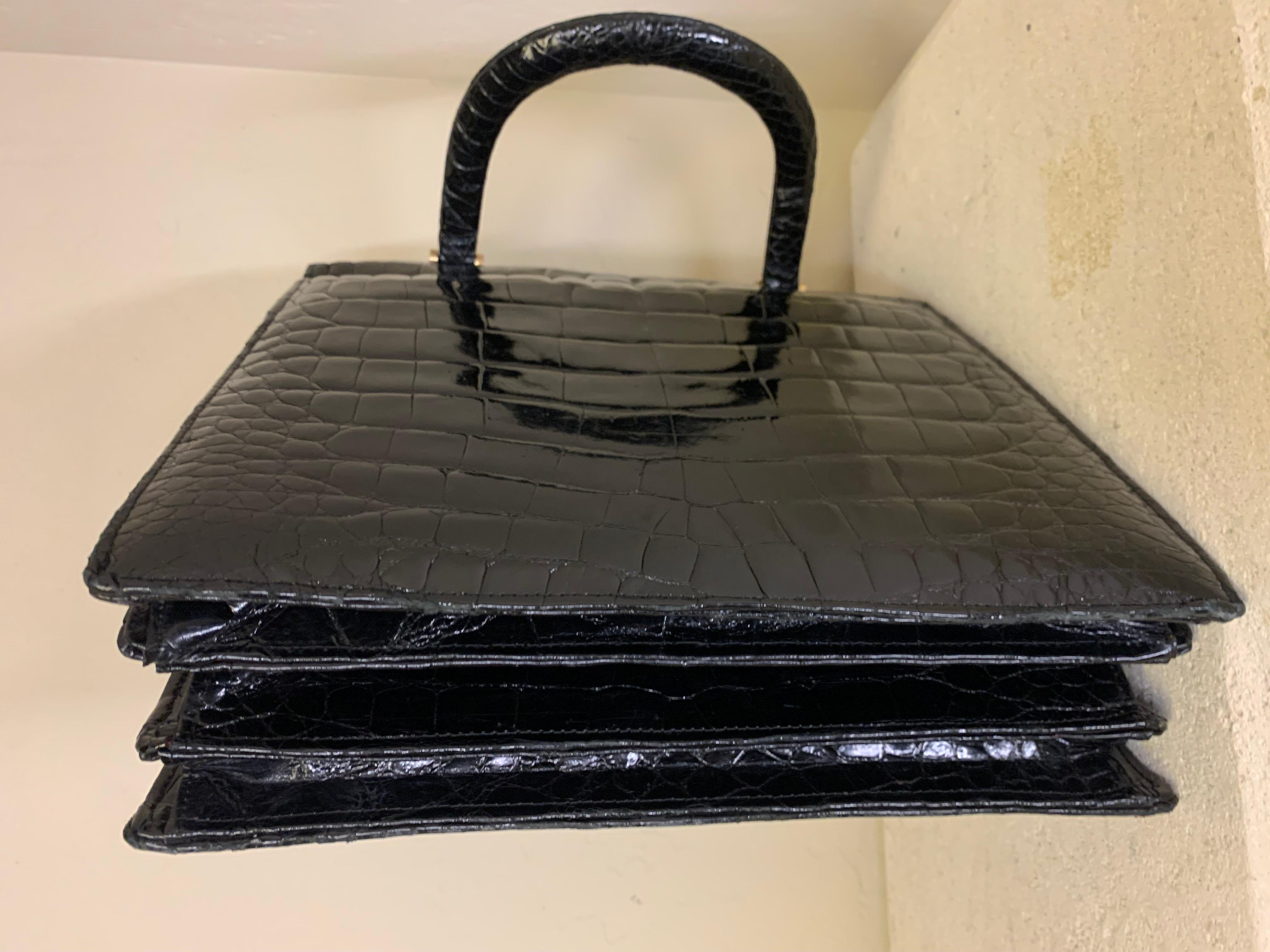 1960s Genuine Black Alligator Tailored Top-Handle Handbag w/ Silver Buckle For Sale 9